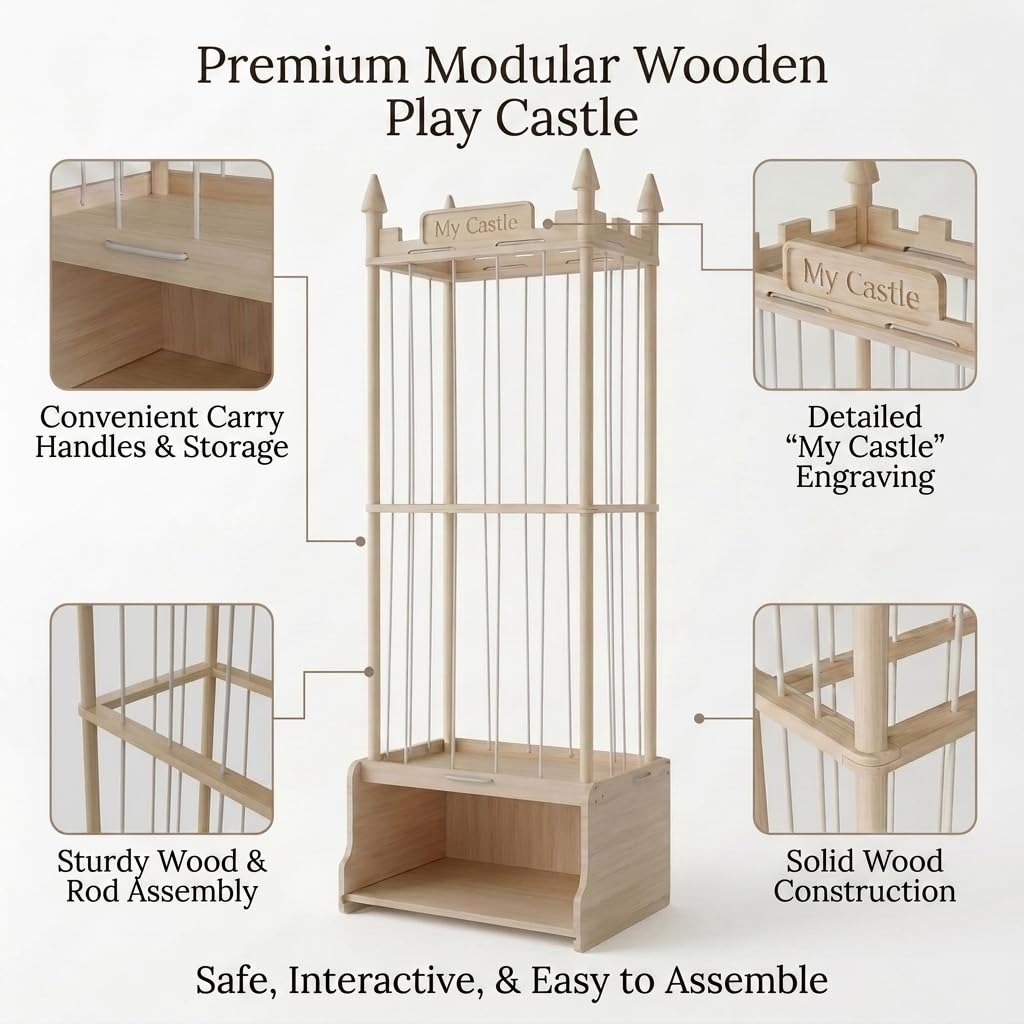 Topbooc Knot-Free Wooden Stuffed Animal Storage Tower with Pre-Installed Cords, Montessori Stuffed Animal Zoo Furniture with Castle Top & Toy Chest, 57" Hand-Sanded Natural Wood (Montessori Castle)