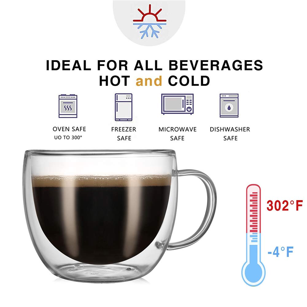 CNGLASS 8oz Double Wall Glass Coffee Mugs,Clear Insulated Espresso Glass Mugs with Handle for Latte,Cappuccino,Coffee,Set of 4