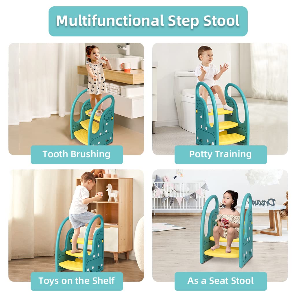 Toddler Step Stool Chair Onasti Kids 3 Step Standing Tower for Toddlers Plastic Learning Helper Stool for Kitchen Counter Bathroom Sink Toilet Potty Training with Handles and Non-Slip Pads-Green