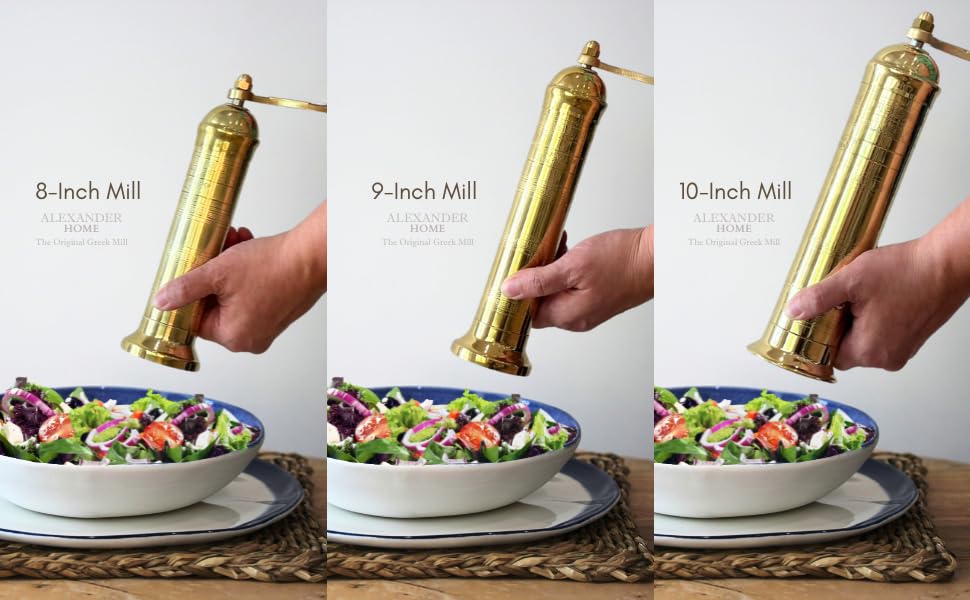 Alexander Home The Original Greek Salt Mill 8 Inch Tall | European Salt Mill Grinder with Crank Handle | Manual Salt Grinder | Salt Refillable - Brass