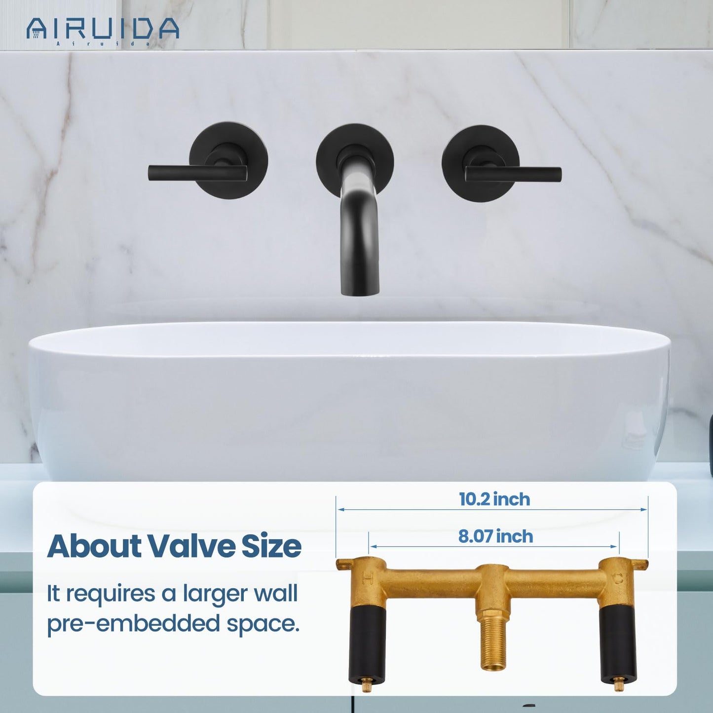 Airuida Wall Mounted Widespread Bathroom Sink Faucet Wall Mount Lavatory Faucet Vanity Sink Mixer Tap 2 Lever Handles 3 Holes 360 Swivel Spout with Brass Rough in Valve Matte Black