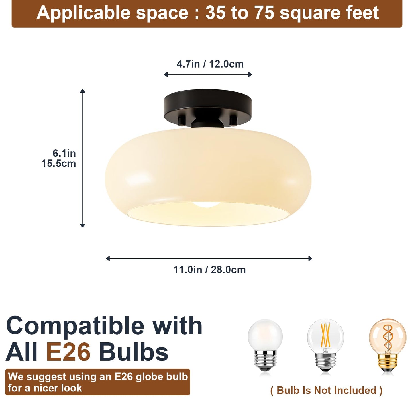 WOKNOS Mid-Century Modern Semi Flush Mount Ceiling Light, Metal Kitchen Light Fixture with Glass Shade,Vintage White and Black Colse to Ceiling Lamp for Entryway Hallway Bathroom (11.0 Inch)