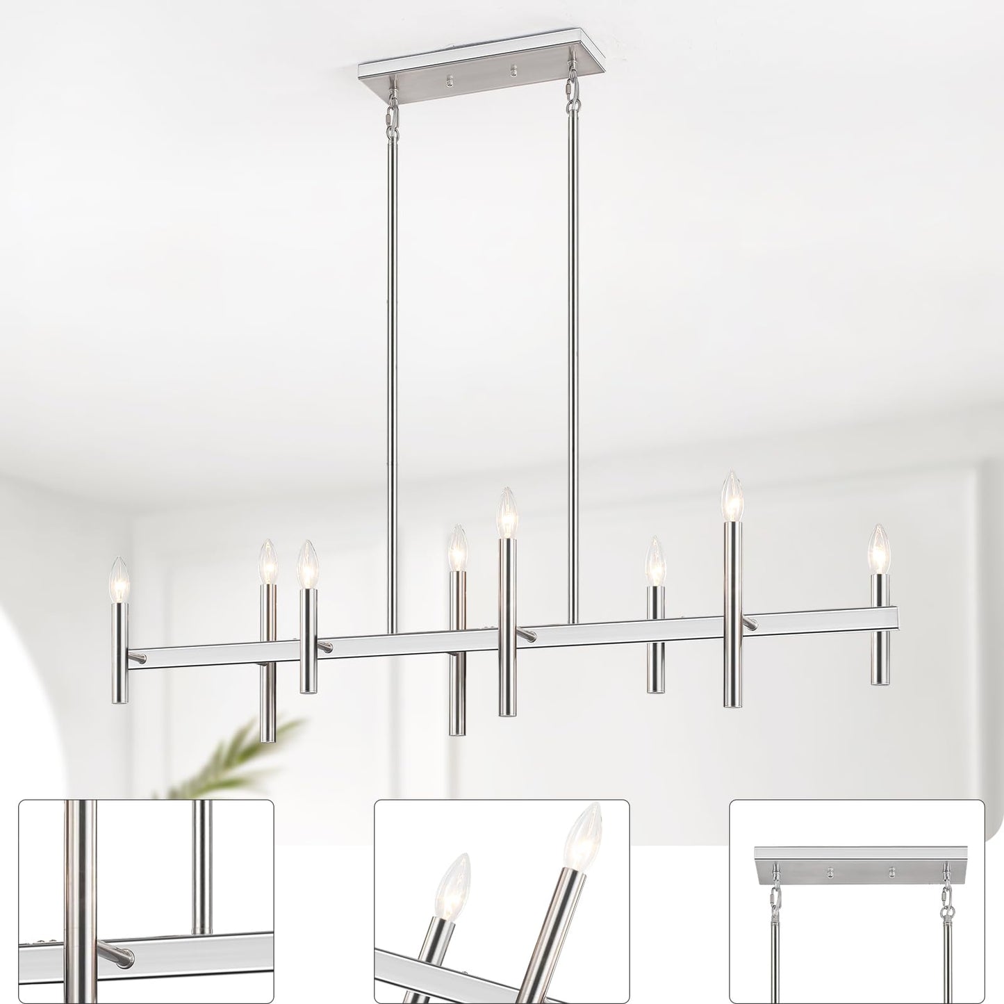47” Brushed Nickel Chandelier Kitchen Island Lighting 8-Light Linear Pendant Light Fixtures Contemporary Modern Chandeliers for Dining Room Over Table Hanging Light for Living Room Bar Pool Table