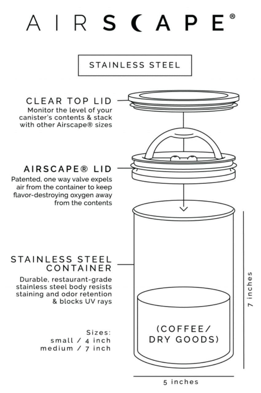 AirScape Planetary Design Stainless Steel Coffee Canister | Food Storage Container | US Patented Inner Plunger Lid REMOVES Excess Oxygen | Don't Buy airtight, Buy AIR-Less | (Medium, Matte Black)