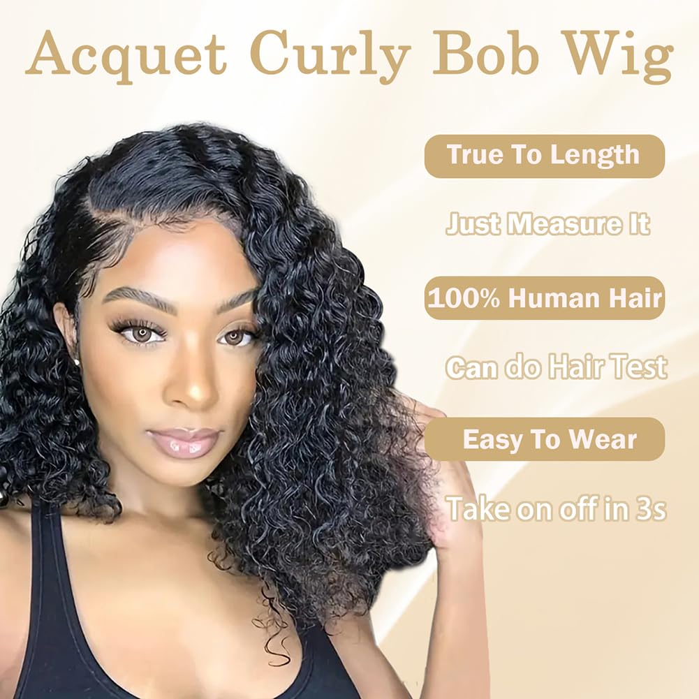 ACQUET 14 Inch Curly Bob Wig Human Hair 13x4 Lace Front Wigs Pre Cut Lace Curly Human Hair Wig For Women 180% Density Water Wave Glueless Wigs Human Hair Pre Plucked For Beginners
