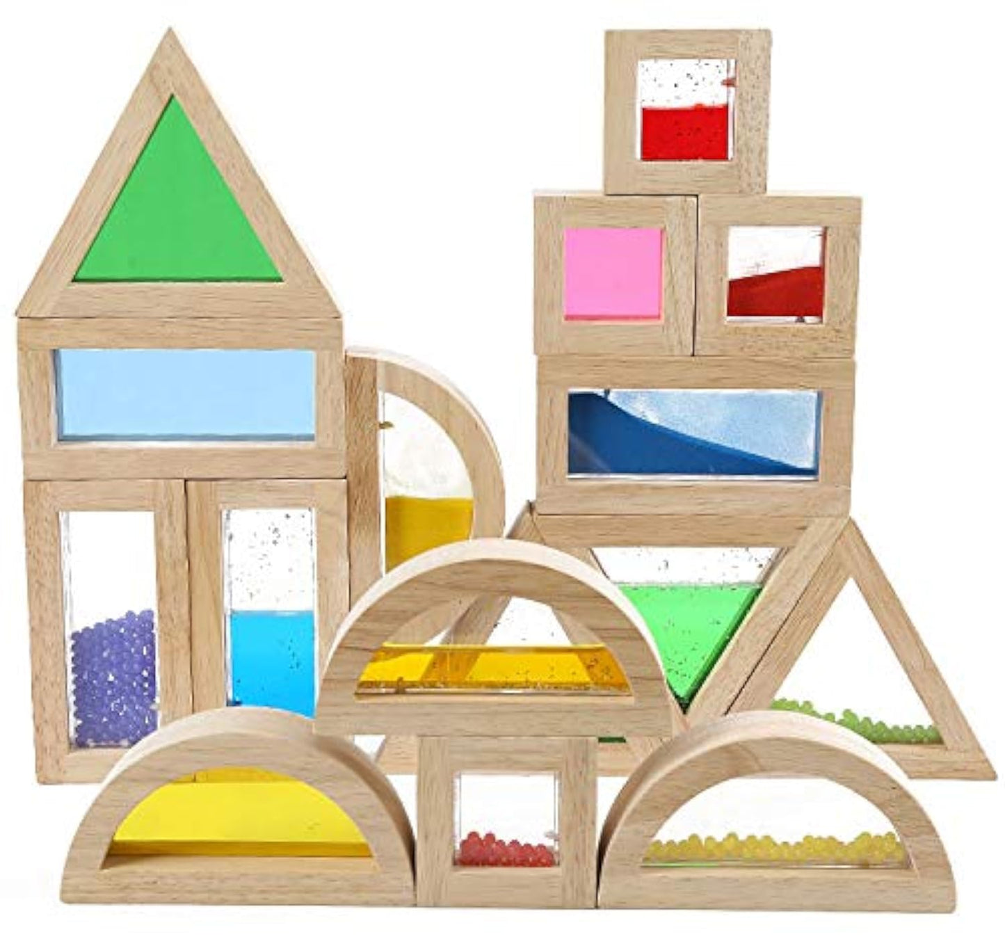 Large Wooden Building Blocks for Toddlers and Babies, 16 Pieces Rainbow Blocks Geometry Sensory Building Toys Set Stackable Colorful Toys