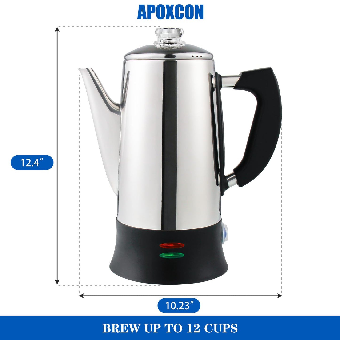 APOXCON Electric Coffee Percolator Stainless Steel Coffee Maker with Heat Resistant Tough Glass Clear Brew Progress Knob, Keep Warm & Cordless Serving Classic Coffee Pot with On/OFF Switch 12 Cup