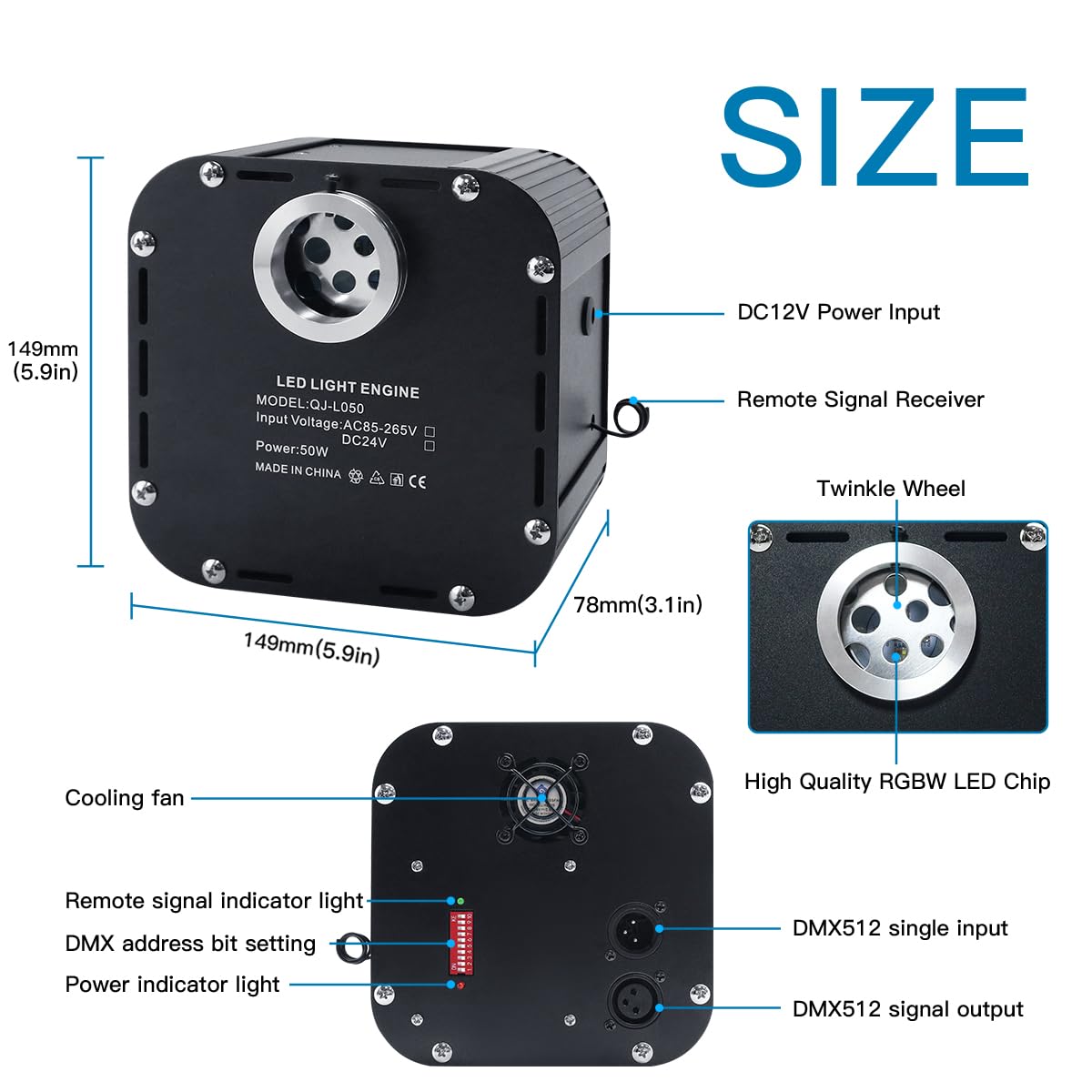 AKEPO 50W RGBW Twinkle Fiber Optic Light Engine, Twinkle + DMX Function + 28-Key Remote for Home Fiber Optic Star