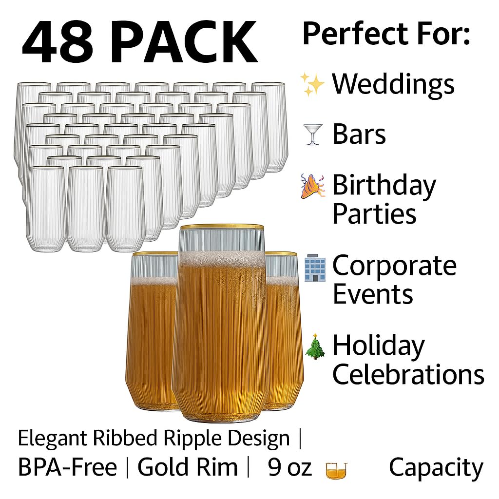 48 Pack Ribbed Ripple Stemless Toasting Glasses, Origami Durable 9 Oz BPA-Free Disposable Plastic Champagne Flutes for Weddings, Bars, Events, and Celebrations (Gold Rim)