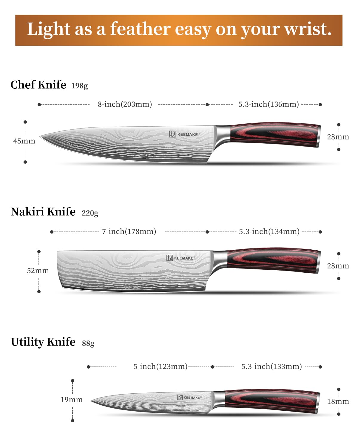 KEEMAKE 3 Pieces Knife Set, High Carbon Stainless Steel Chef Knives Sets with Ergonomic Pakkawood Handle, Professional Ultra Sharp Kitchen Knife Sets, Father Day Gifts