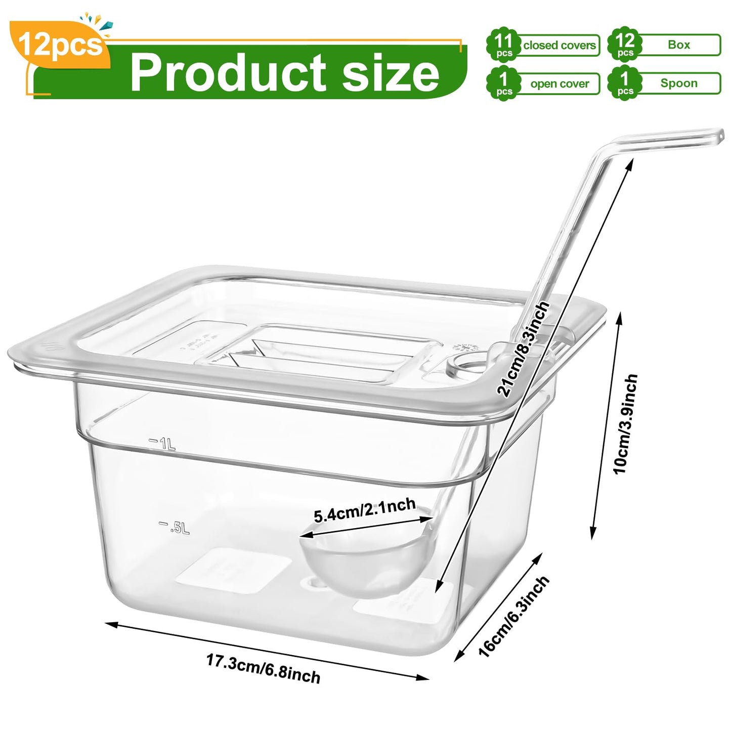 PYQTH 12 Pack Plastic Clear Food Pan with Lids, 1/6 Size 4'' Deep Commercial Stackable Polycarbonate Pans Hotel Food Storage Pan with 1 Pcs Spoon for Fruits Vegetables