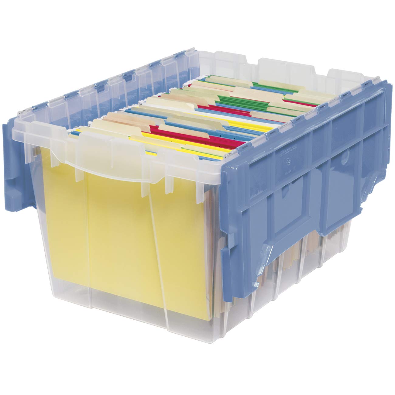 Akro-Mils KeepBox 12 Gallon Storage Container, Nesting and Stackable Plastic Storage Box with Lid Attached and Rails for Letter Size Hanging File Folders, 21" x 15" x 12", Clear/Blue