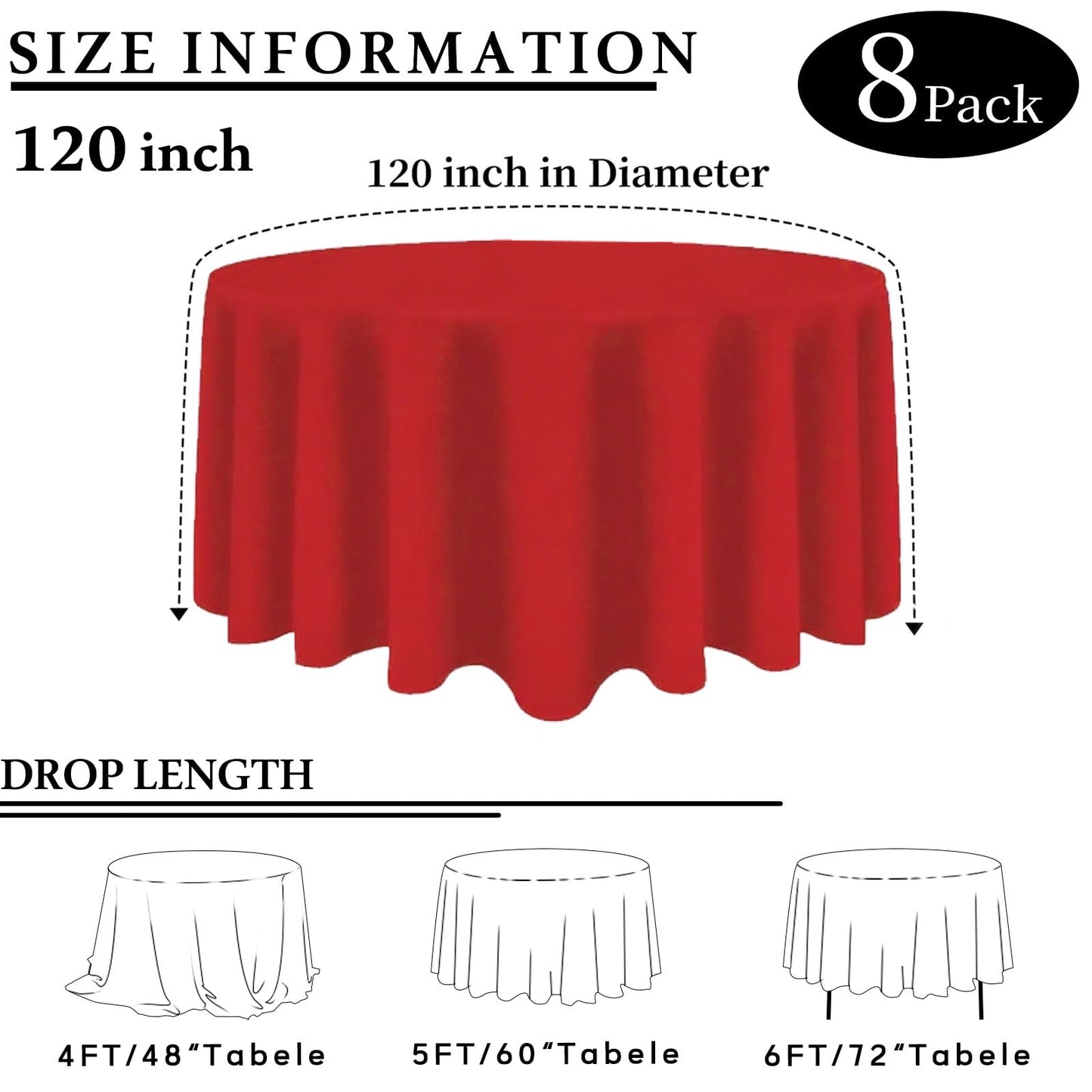 8 Packs 120 Inch Red Round Tablecloth in Diameter, Washable Polyester Fabric Tablecloths, Wrinkle Resistant Table Cloth for Wedding Party Banquet Dining