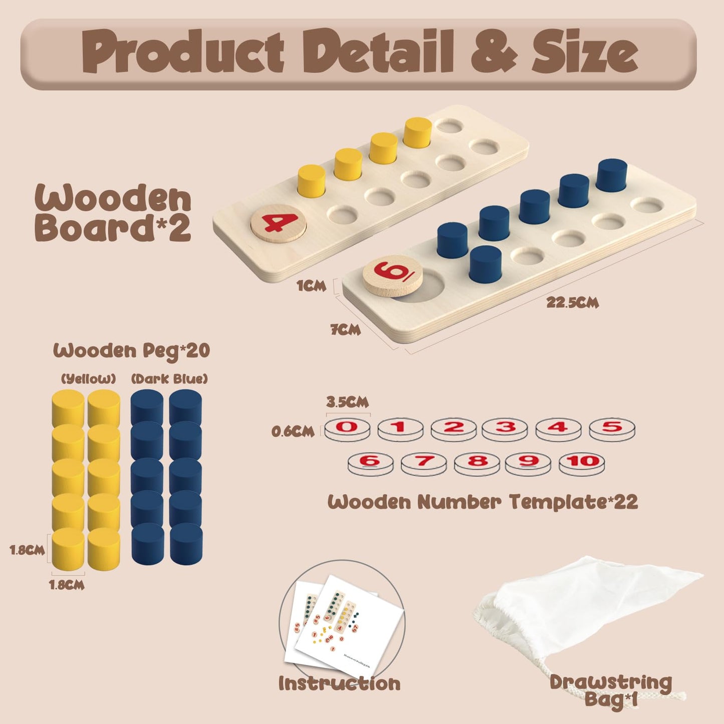 TEUVO Counting Peg Board Montessori Toys for Kids Aged 3 4 5 6 Years Old, Montessori Math Manipulatives Materials Wooden Preschool Learning Number and Counting Games for Home School Classroom
