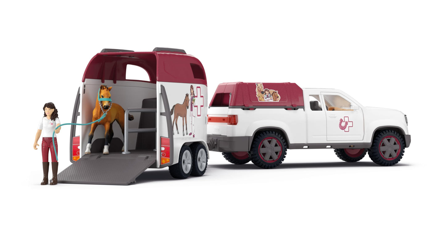 Schleich Horse Club - 90 PC Mobile Vet with Trailer Playset - Includes Toy Horse Figurine, Poseable Veterinarian Figure, Moveable Truck and Accessories - Interactive Play Toys for Kids Ages 5+| 42704