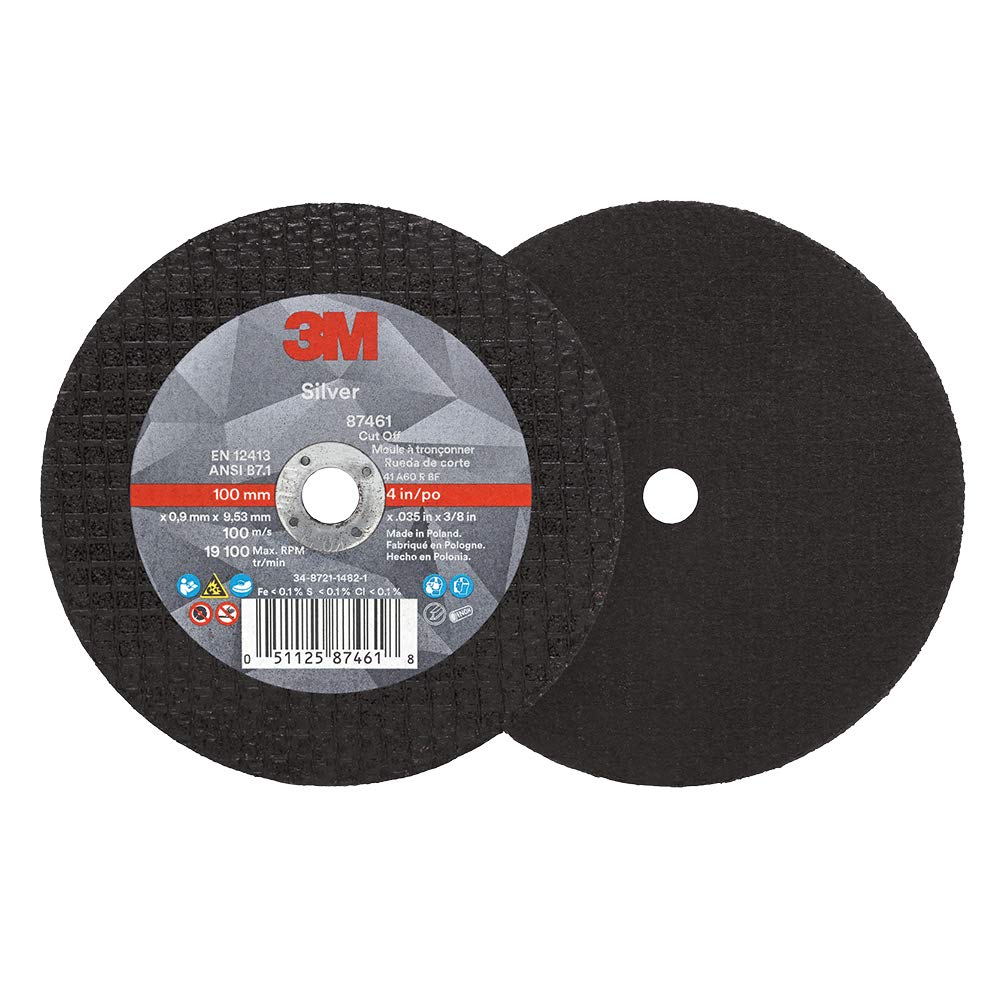 3M Silver Cut-Off Wheel, 87461, T1, 4 in x .035 in x 3/8 in, Pack of 25, Precision Shaped Grain, Pipe Cutting, Stainless and Mild Steel, Metal Fabrication, Metalworking