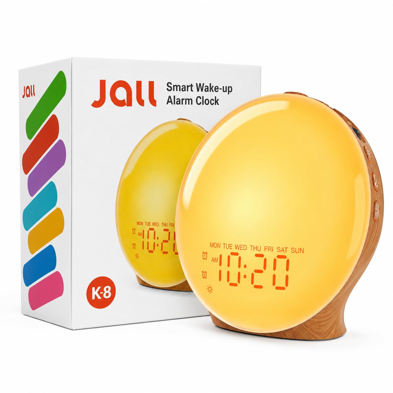 JALL Full-Screen Wake Up Light Sunrise Alarm Clocks for Bedrooms, White Noise Machine for Heavy Sleepers & Kids, 25 Natural Sounds, Dual Alarms, FM Radio, 17 Dimmable Colors, Bluetooth Speaker