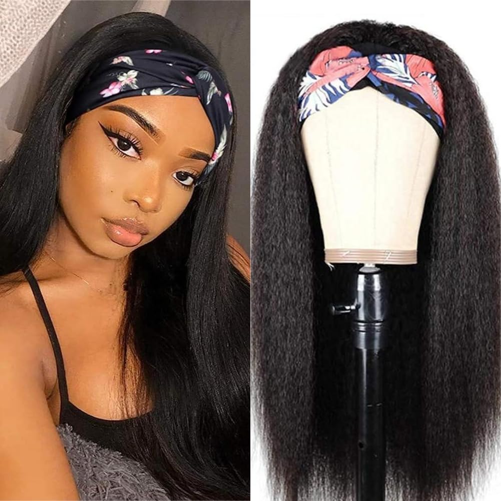 Kinky Straight Headband Wig Human Hair 180% Density 12A Headband Wigs for Black Women Glueless Yaki Headband Half Wig Human Hair Machine Made No Lace Front Headband Wig Natural Black Color 14 Inch