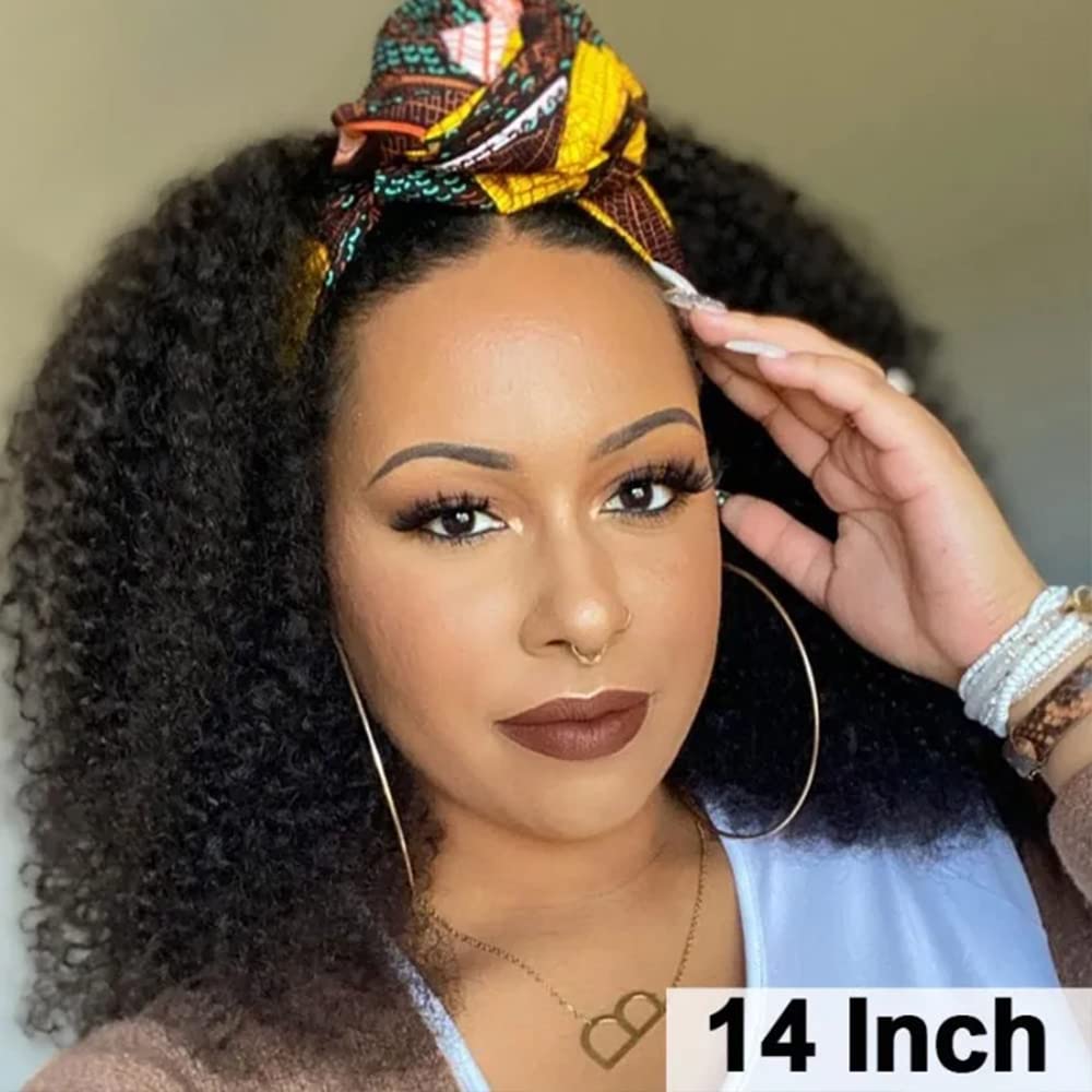 Nadula Hair Afro Kinky Curly Half Wigs Human Hair for African American Women, 100% Virgin Human Hair Headband Curly 3/4 Half Wigs Glueless Wear and Go Beginner and Friendly 180% Density 16 Inch