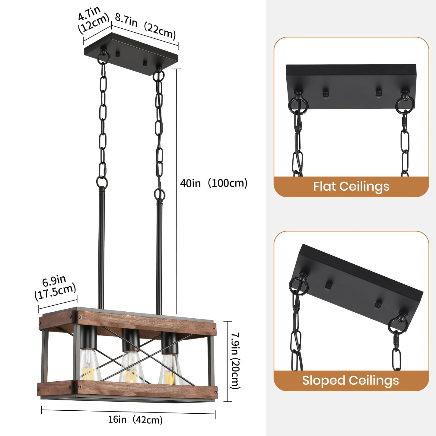 HOXIYA Farmhouse Kitchen Island Light, 3 Lights Pendant Lighting Fixture, Rustic Wood Chandelier, Adjustable Height Metal Linear Light for Dining Room Kitchen Bar Pool Table.