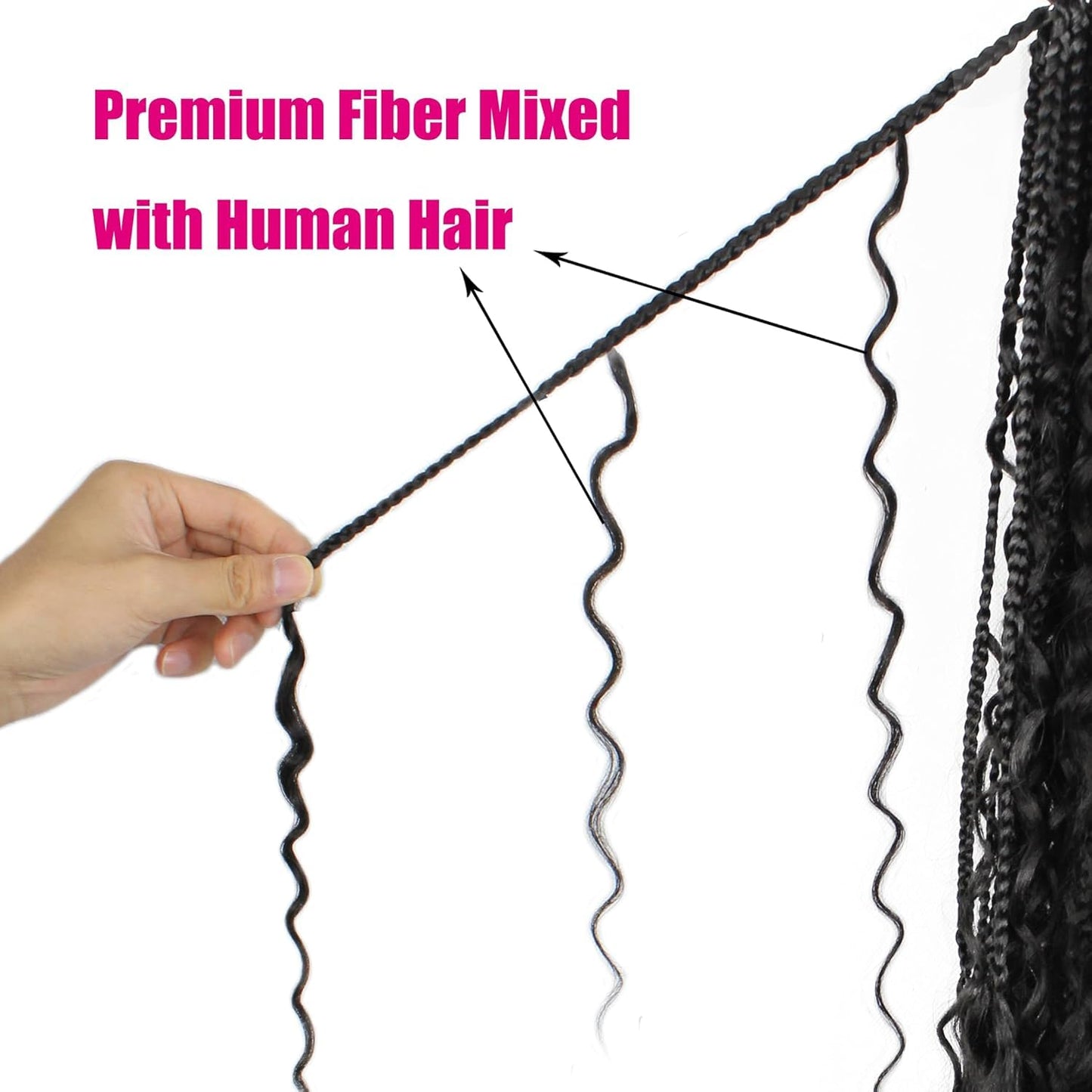 Boho Crochet Braids Human Hair Mixed 24 Inch Goddess Crochet Boho Box Braid with Human Hair Mixed Curls Bohemian Braids Crochet Hair for Black Women (24Inch,1B)