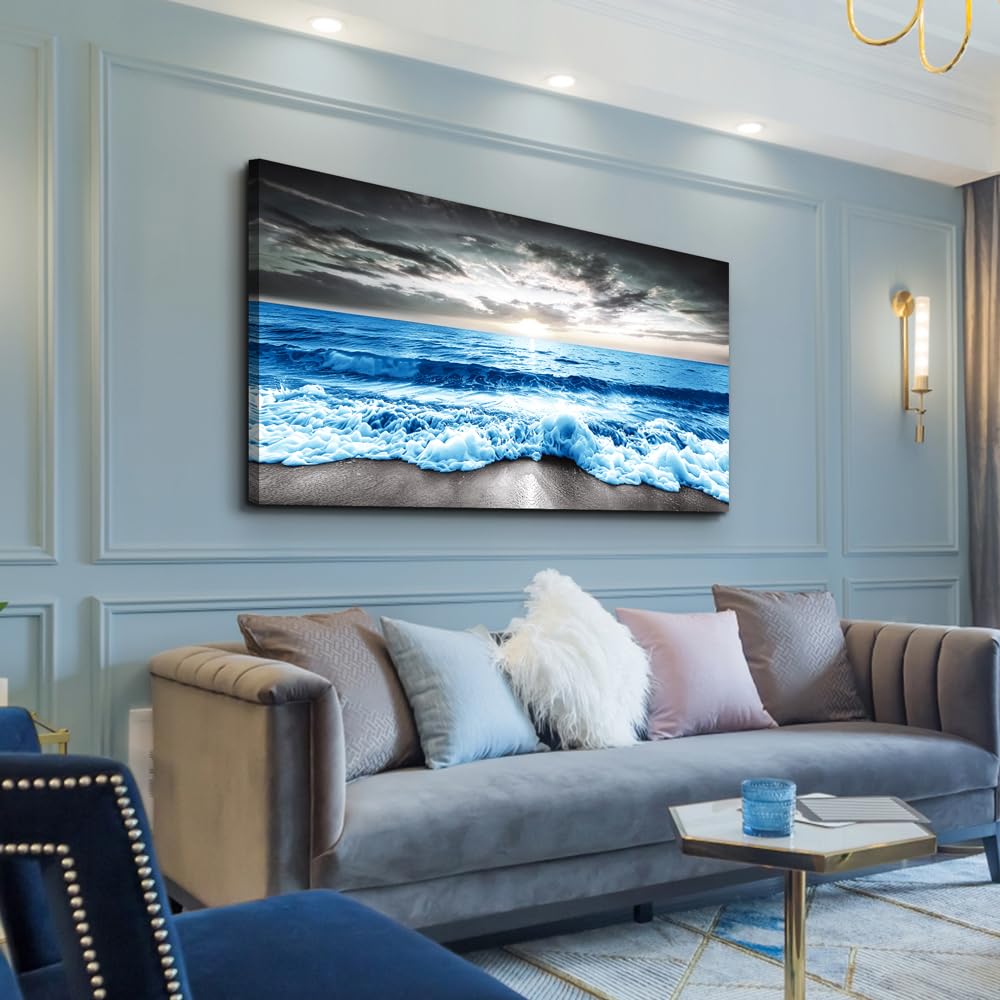 MHARTK66 Wall Art For Living Room Large Wall Decor For Office Modern Bedroom Wall Decor Blue Beach Sun Ocean Landscape Canvas Prints Wall Paintings Seascape Framed Pictures Artwork Home Decor 40x20