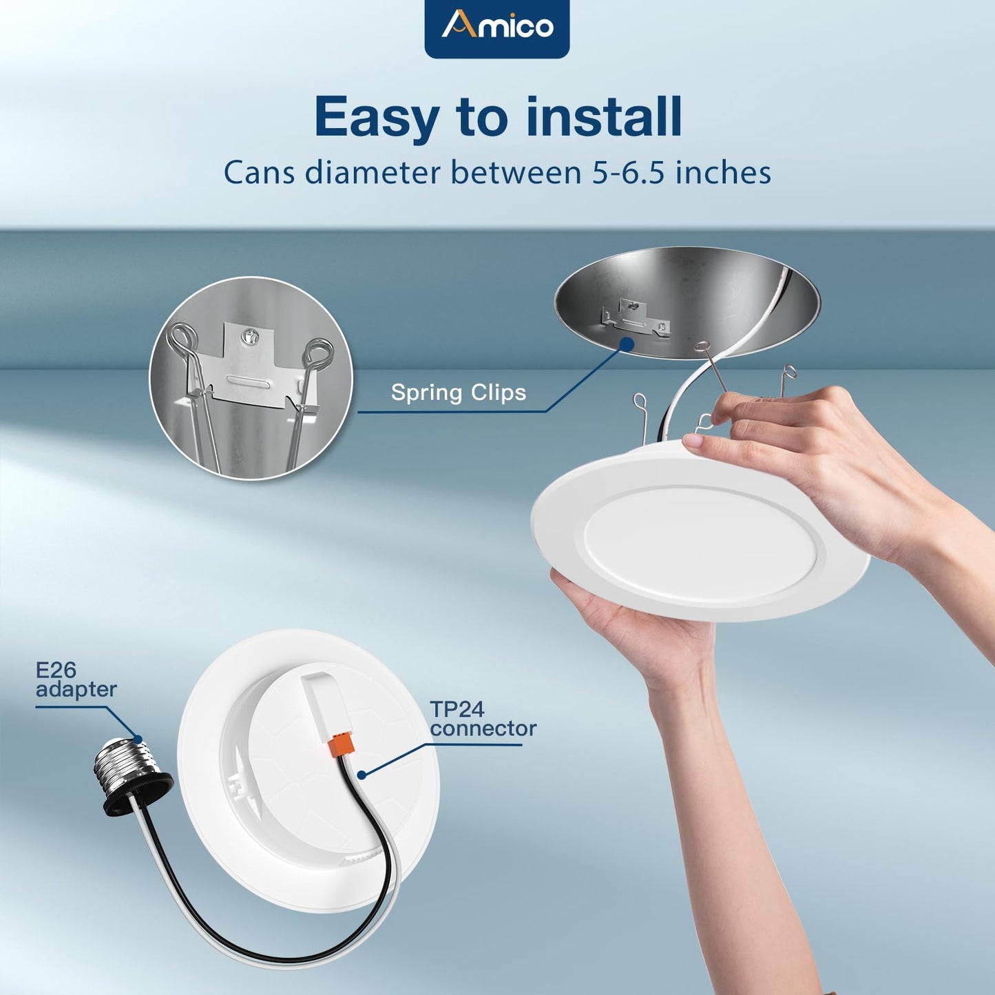 Amico 5/6 Inch 5CCT LED Recessed Lighting 12 Pack, 1050LM Flat Can Lights, Dimmable, IC Rated, 12W Eqv 110W, 2700K/3000K/4000K/5000K/6000K Selectable, Retrofit Installation- ETL Listed