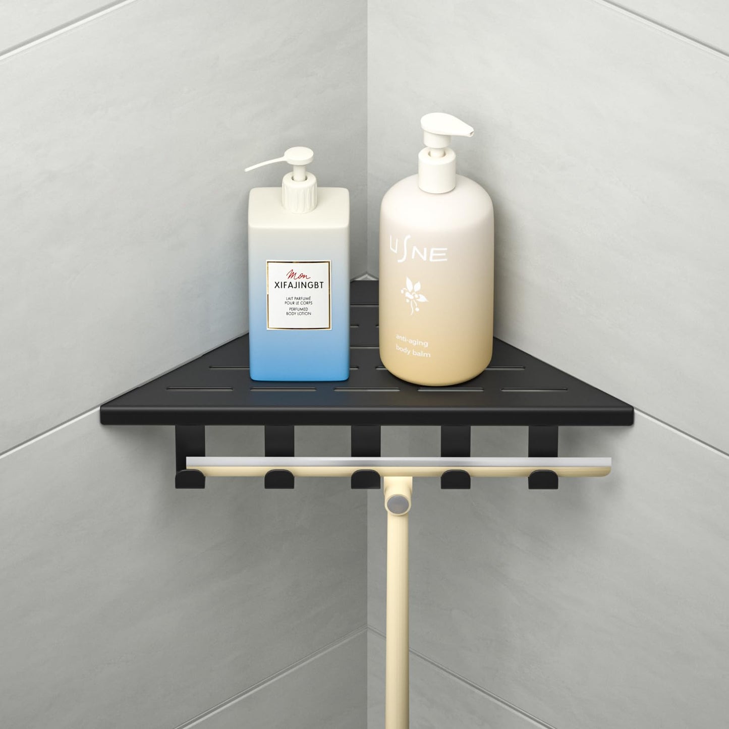 Bernkot 10'' Corner Shower Shelf, 304 Stainless Steel Shelves for Bathroom, Grout in Shelf with Hooks for Tiled Wall (Matte Black)
