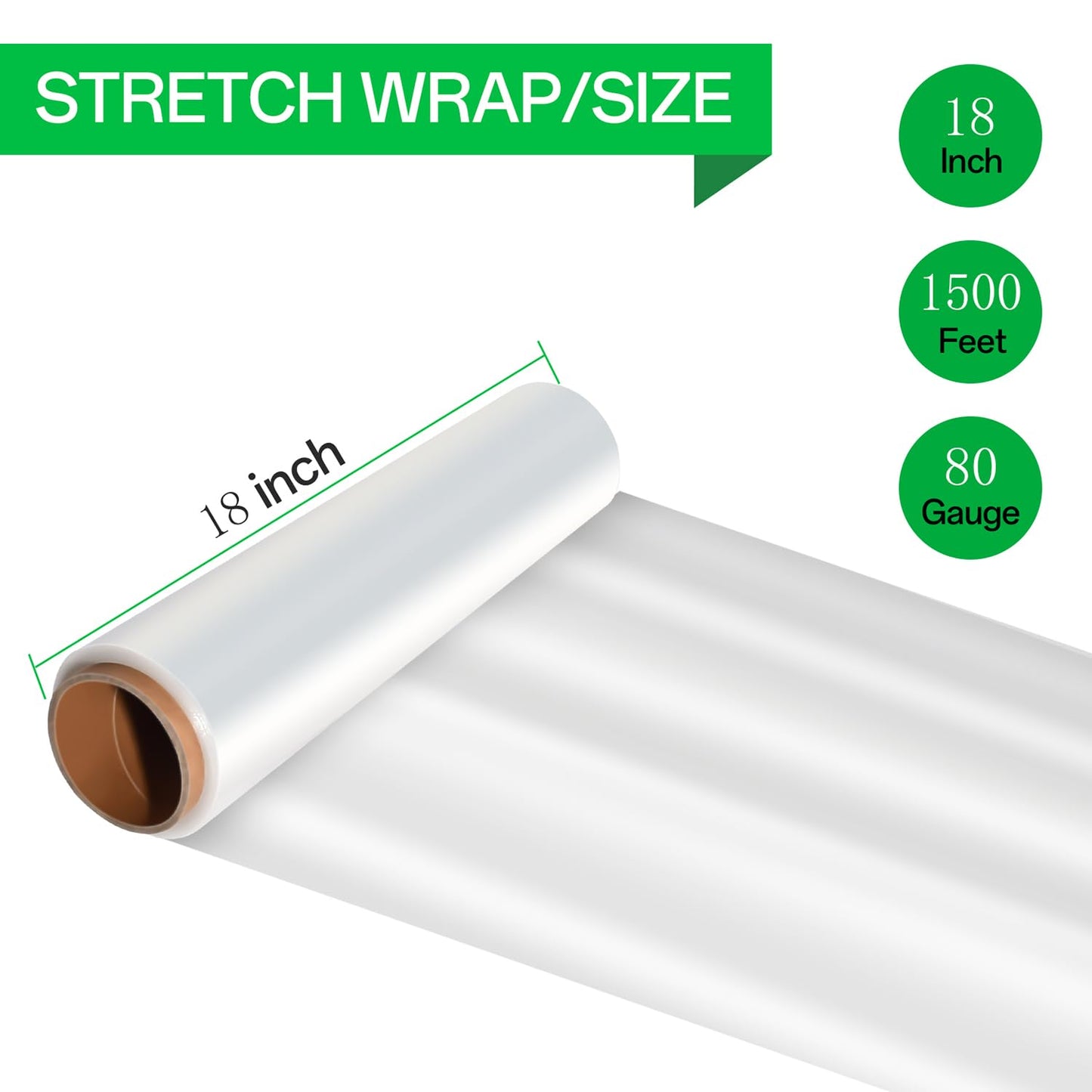 18 Inch Stretch Wrap Roll, Heavy Duty 1500ft Shrink Wrap Roll, Clear 80 Gauge Industrial Strength Stretch Film, Plastic Wrap for Pallet Wrapping Shipping Moving(4 Pack)