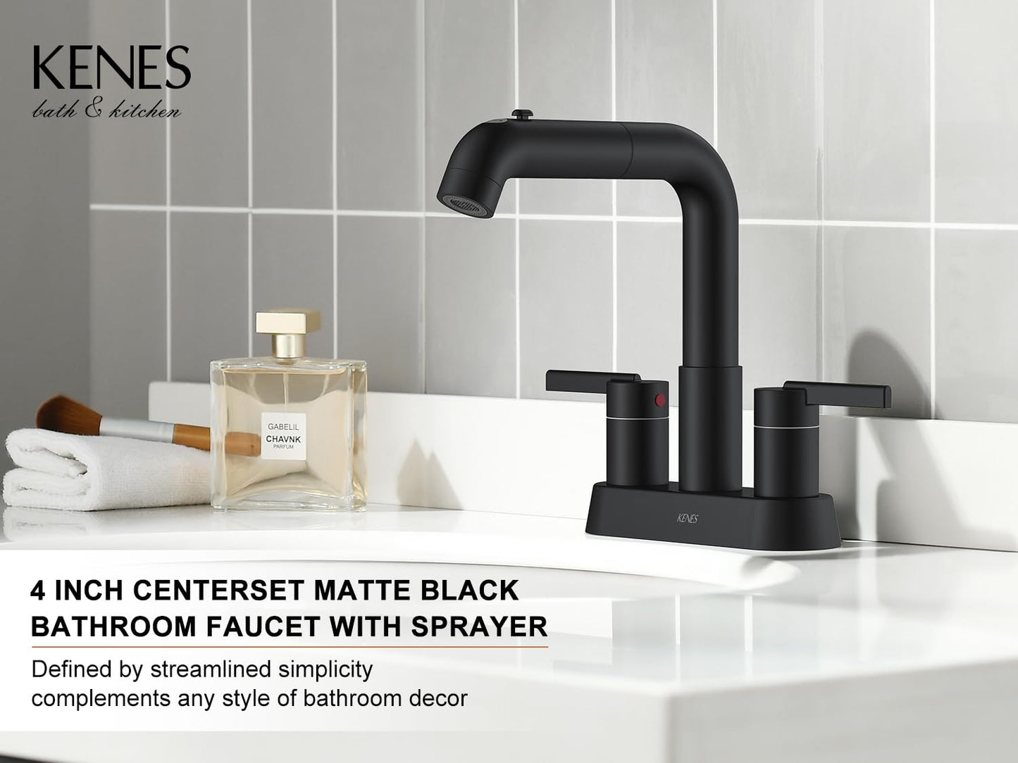 KENES Matte Black Centerset Bathroom Faucet with Pull Down Sprayer, 4 Inch 2 Handle Pull Out Bathroom Faucet 3 Hole, Bathroom Sink Faucet with Pop Up Drain & Supply Lines LJ-9059A-2