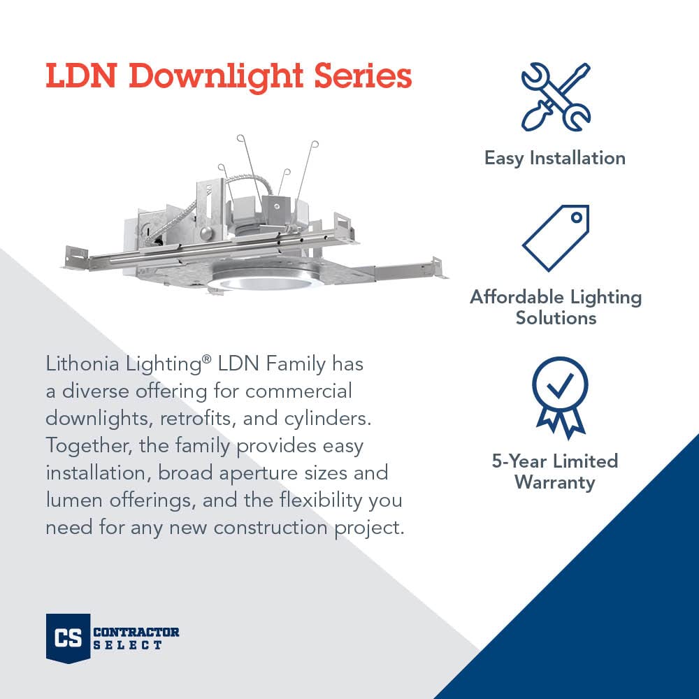 Lithonia Lighting LDN 6in. New Construction Downlight, Non-IC LED Housing, 2000LM, 3500K, 10% 0-10V Dimming
