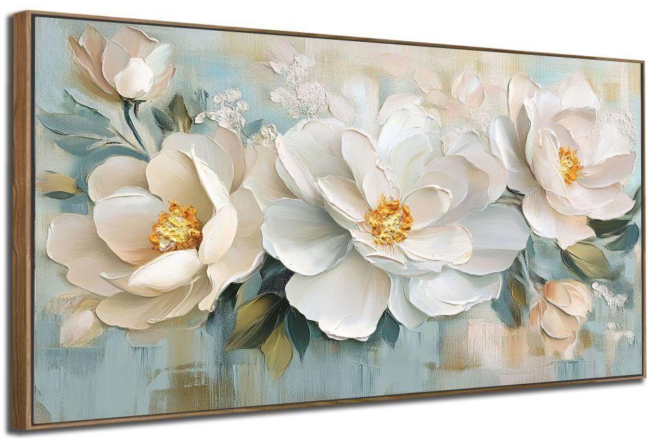 Enartly White Flowers Framed Wall Art for Living Room, 3D Textured Floral Canvas Painting Sage Florals Picture Artwork for Bedroom Dining Room Kitchen Home Office Wall Decor, 40"x20"