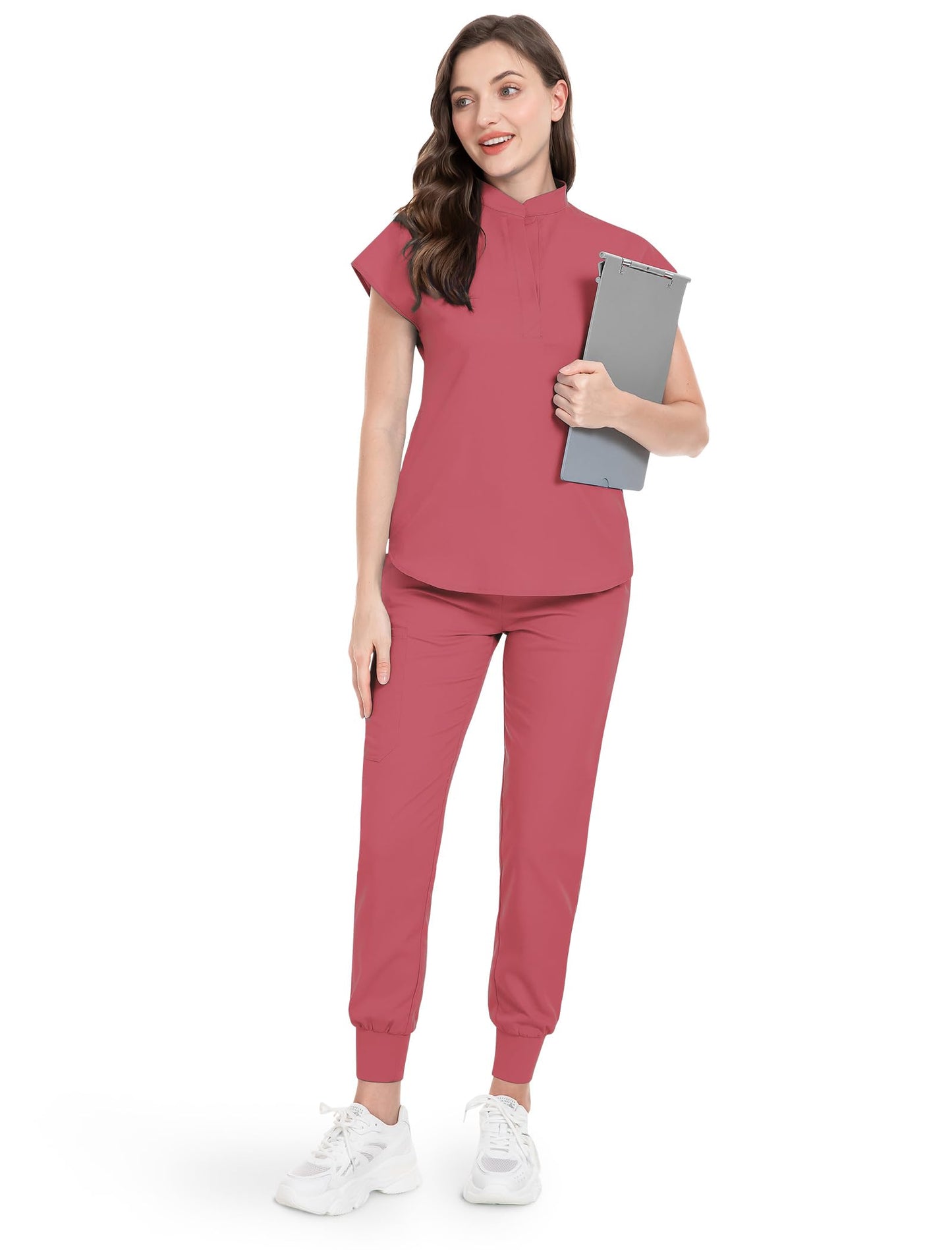 niaahinn Scrubs Set for Women Nurse Uniform Jogger Suit Stretch Top & Pants with Multi Pocket for Nurse Esthetician Workwear (Coral, Small)