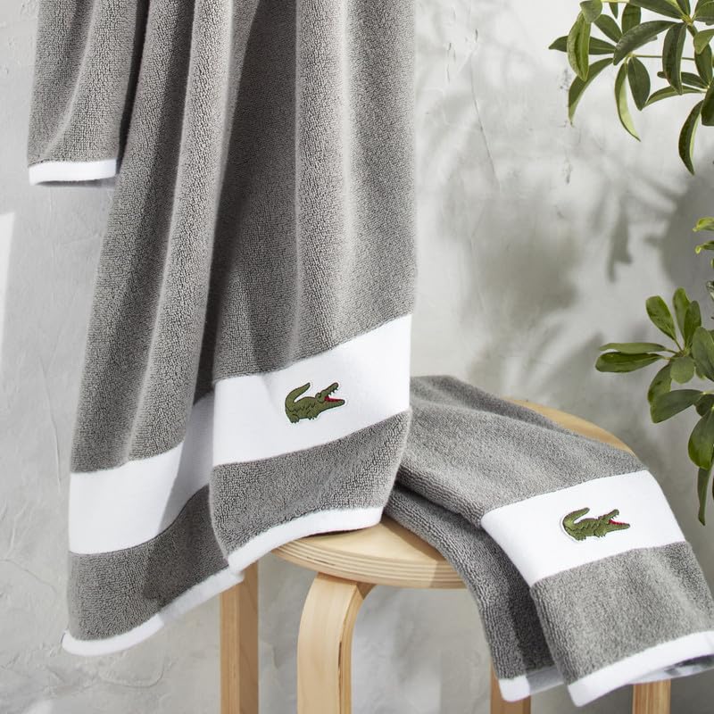 Lacoste Sport Stripe 6-Piece Luxury Cotton Towel Set – Made with 100% Soft Supima Cotton, Absorbent & Quick-Drying, Includes 2 Bath Towels, 2 Hand Towels, 2 Washcloths, Meteorite
