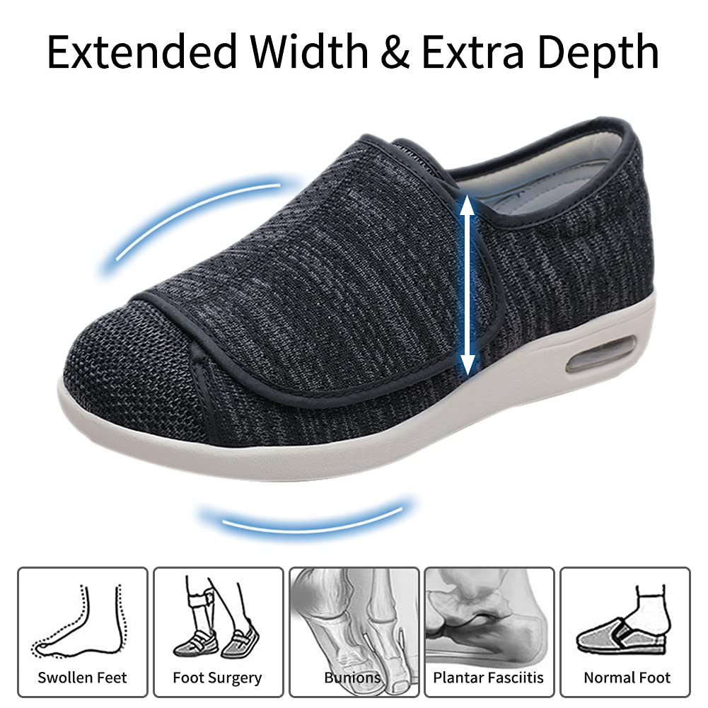 Men's Diabetic Shoes Extra Wide Width Easy On & Off Walking Sneakers with Air Cushion & Breathable Mesh, Support for Elderly Men, Swollen Feet, Edema, Plantar Fasciitis Black Gray