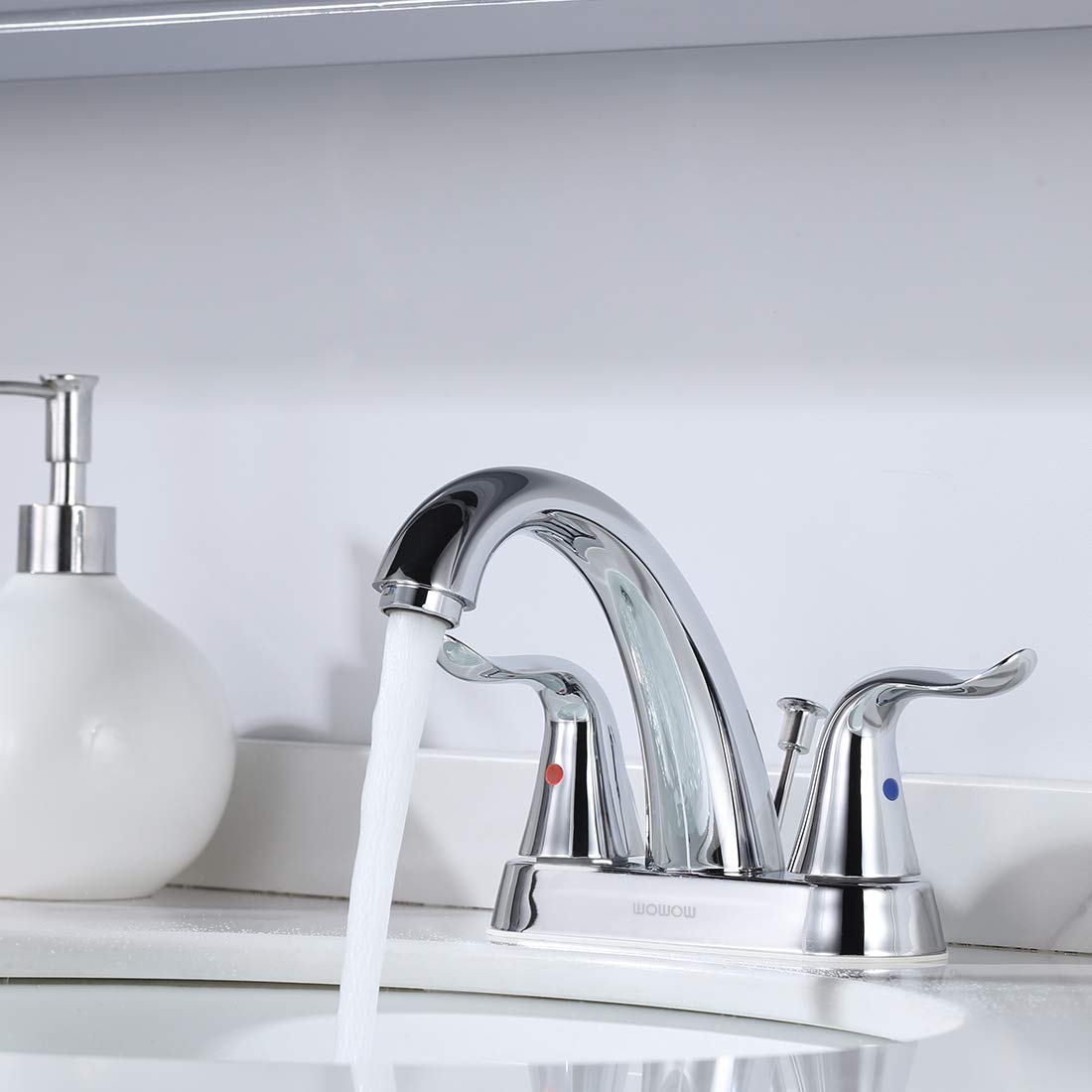 WOWOW Bathroom Faucet 2 Handle 4 Inch Centerset Bathroom Sink Faucet Lead-Free Basin Mixer Tap Lift Rod Drain Stopper, Two-Handle Center-Set Lavatory Faucet Chrome