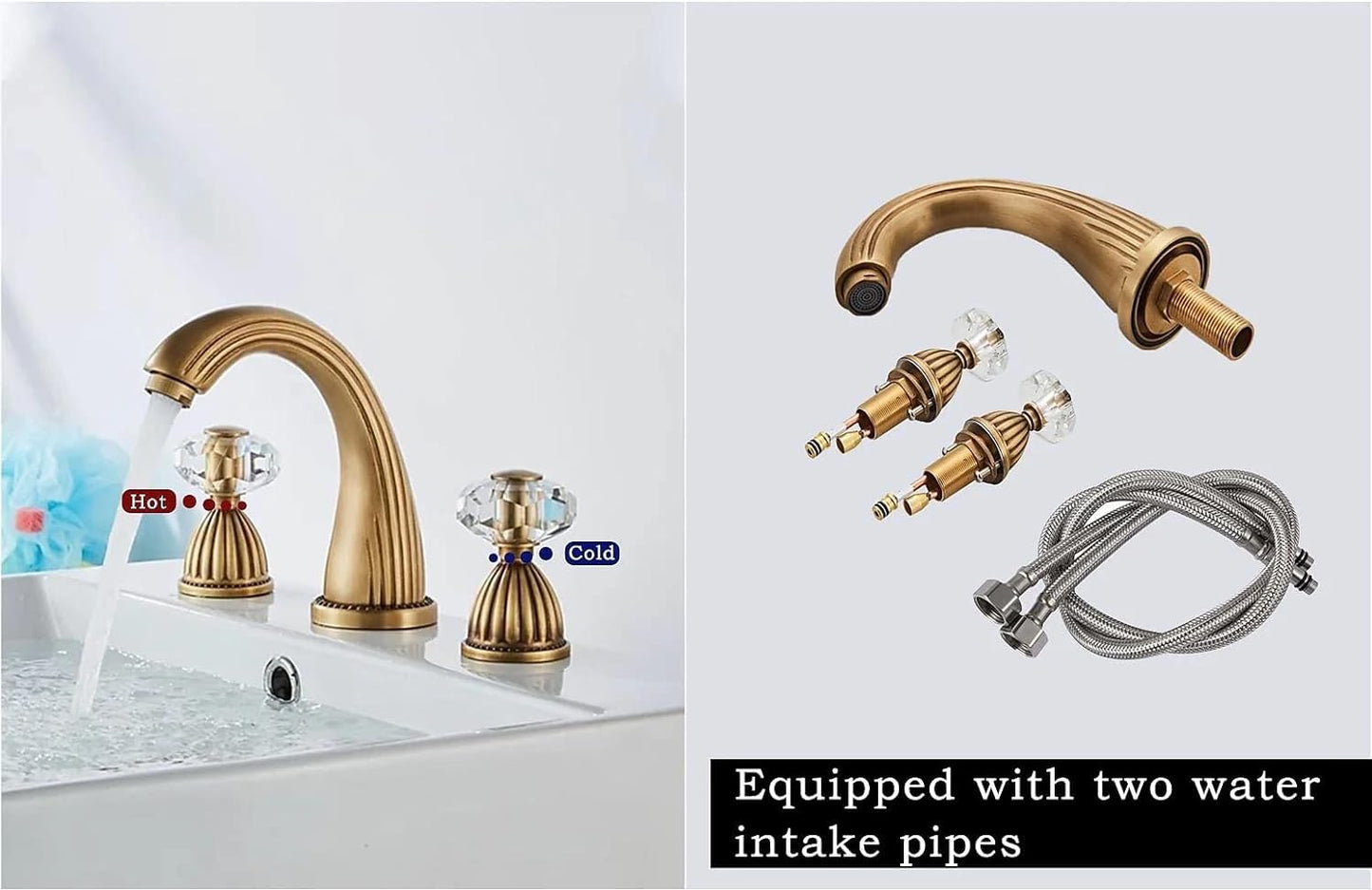 Antique Brass Bathroom Faucet Gold Three Holes Widespread Crystal Handle Bathroom Sink Faucets Retro Vintage Lavatory Vanity Faucet