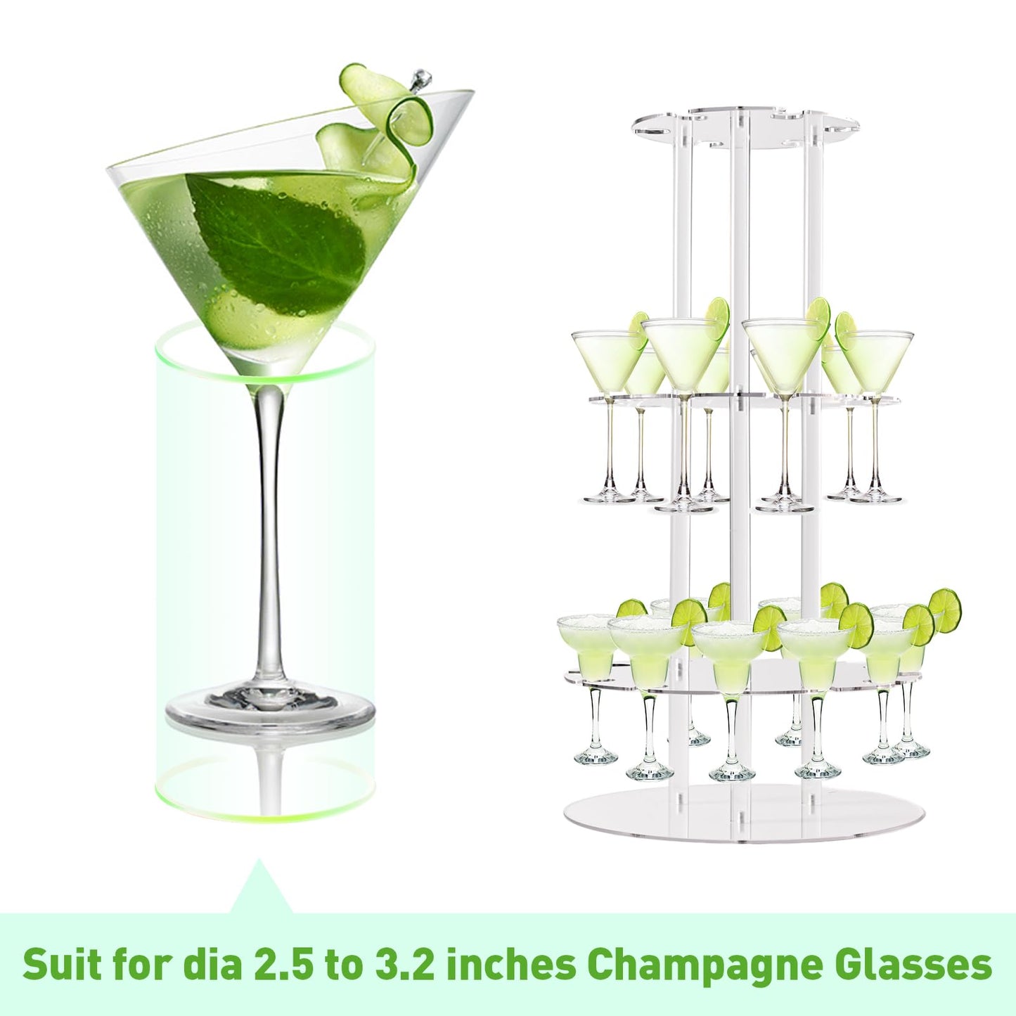 Laumffon Champagne Tower, Circle Acrylic Champagne Display Rack Stand with 28 Slots, 3 Tier Floating Sight Champagne Flute Holder for Party, Wedding, Celebration, 13.4x13.4x25.5 inch