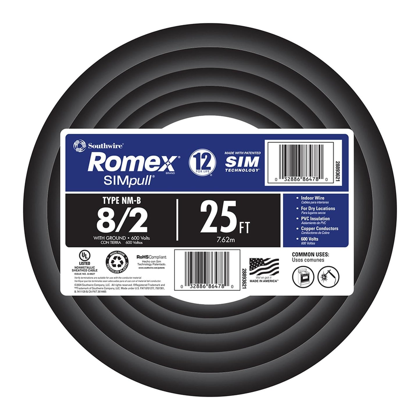 Southwire 28893621 8/2 AWG 25ft. Nonmetallic With Ground Sheathed Cable, Black