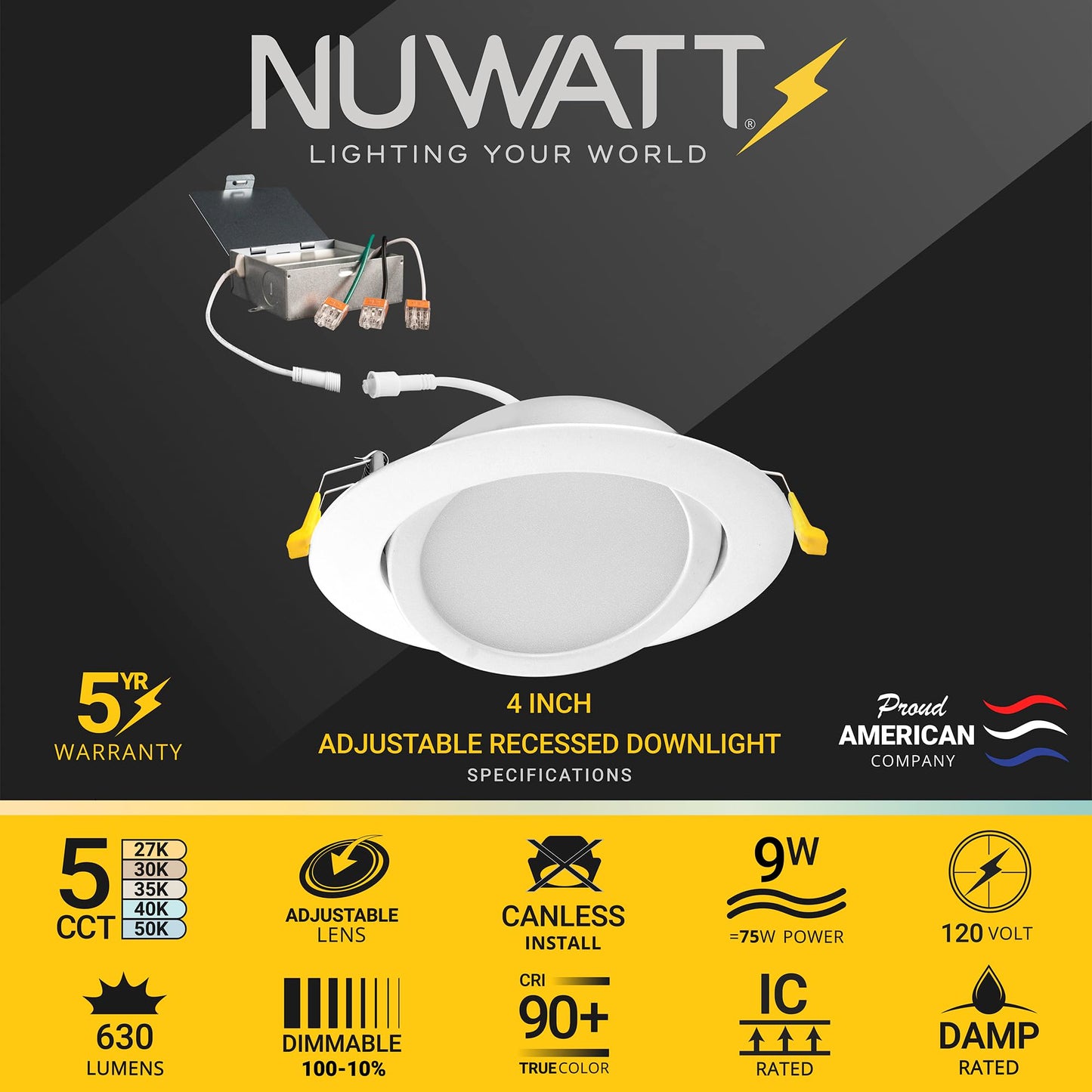 NUWATT 4 Inch Gimbal LED Recessed Lighting, 5CCT 2700K/3000K/3500K/4000K/5000K Selectable, 630 Lumen, Dimmable, Adjustable Pitched Canless Eyeball Lights for Sloped Ceilings, Metal Junction Box, 6 PK