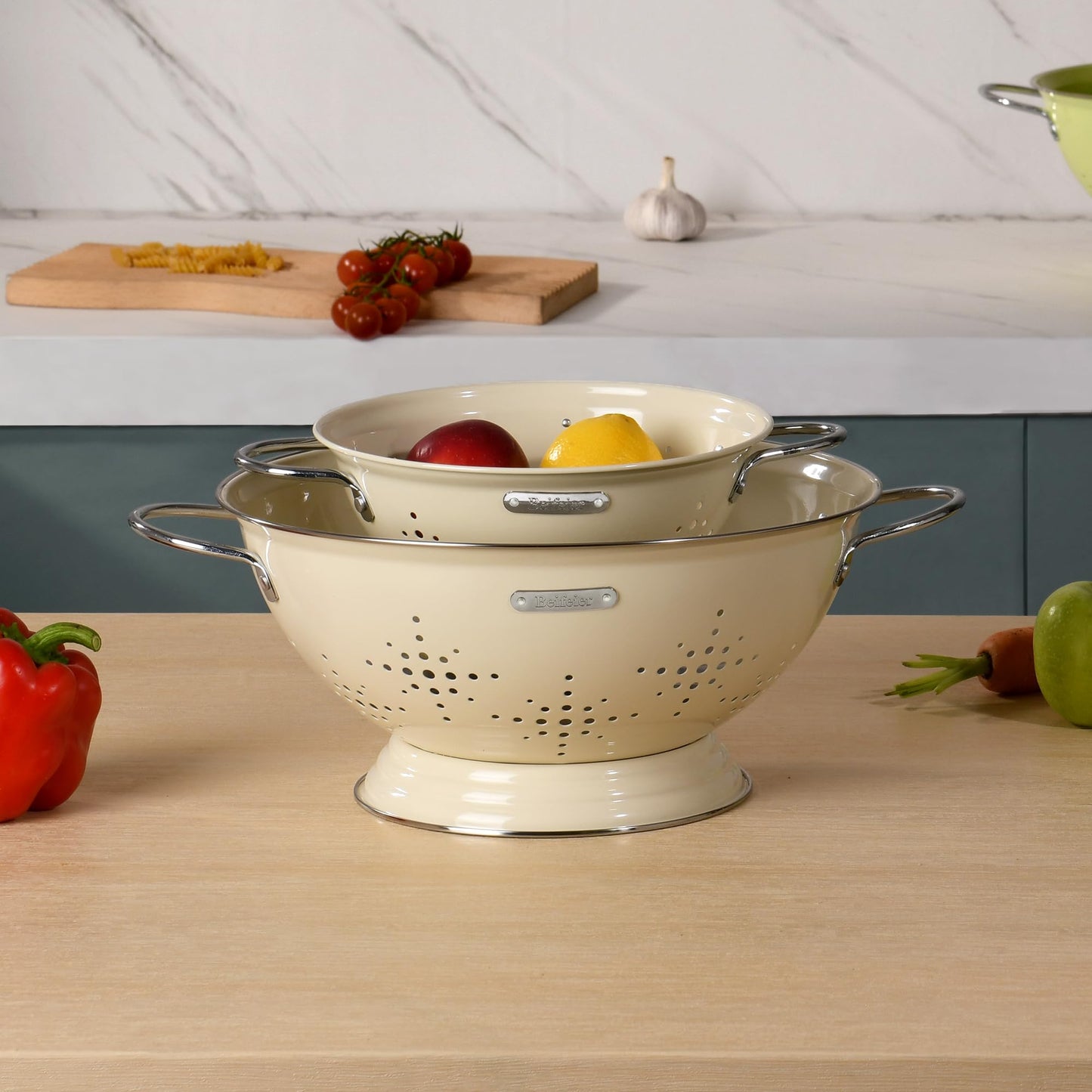 Metal Colander 2 Pack, Strainer Bowel with Handles 2Qt & 6Qt Powder Coated Solid Ring Base Heavey Duty Kitchen Drainer Basket for Pasta Veggies and Fruits,New Home Apartment Essentials (Almond Cream)