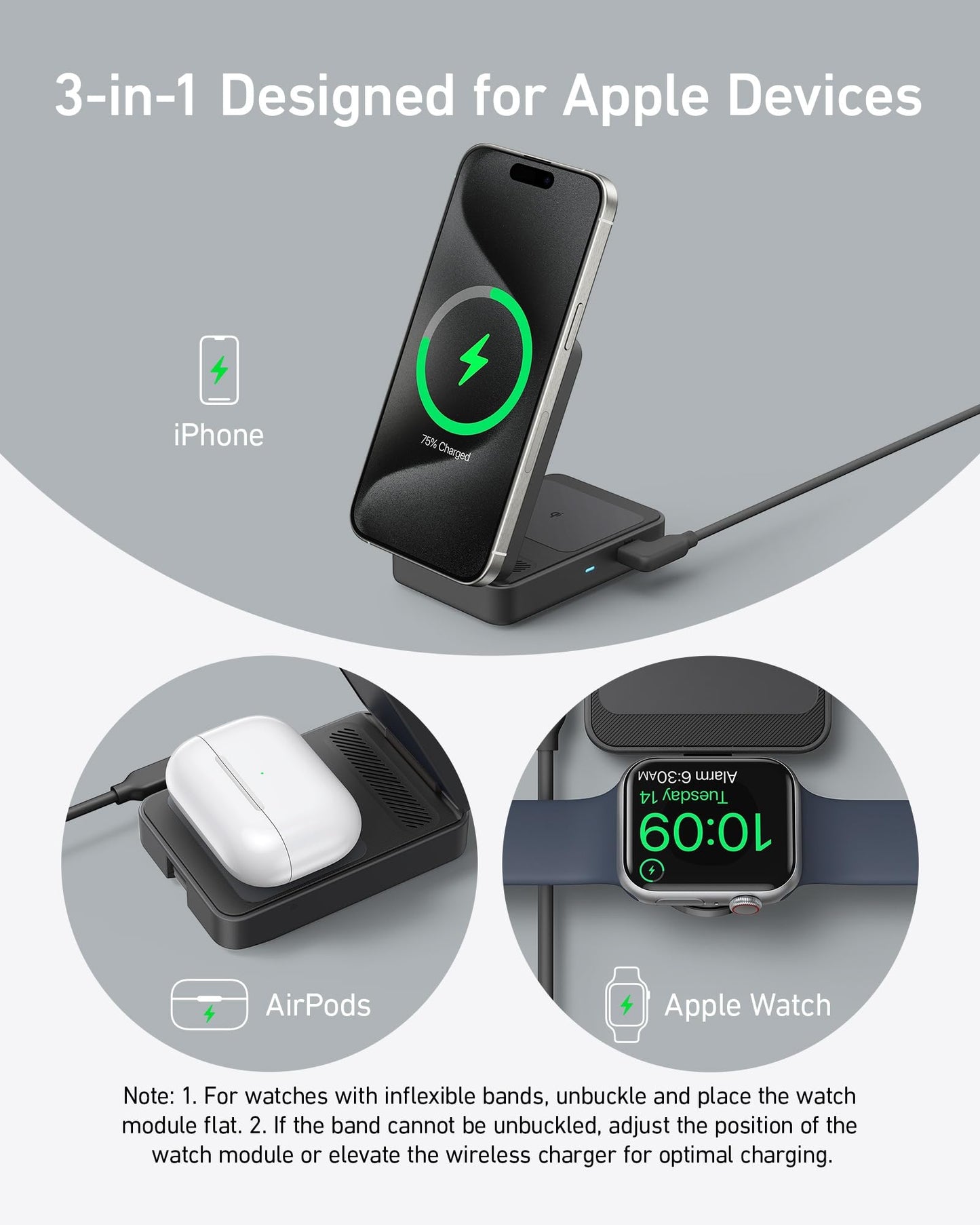 Anker MagGo 3-in-1 iPhone 16 Charging Station, MagSafe-Compatible Wireless Charger Stand, Qi2 Certified 15W Foldable Charger for iPhone 15/14, AirPods, Apple Watch 9 (40W USB-C Charger Included)