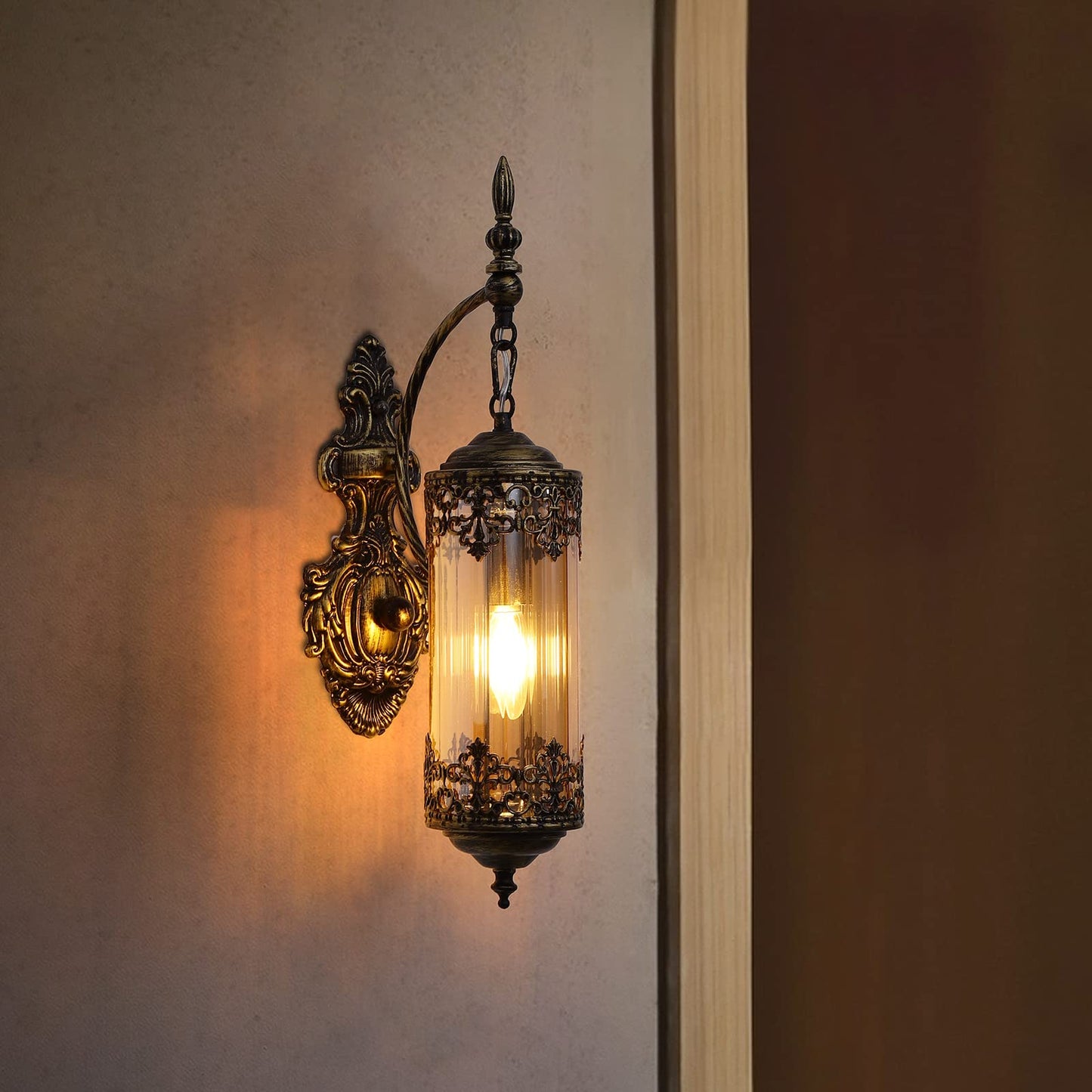 RONGHUAFUGUI Rustic Wall Sconce with Amber Glass Mini Vintage Antique Gothic Wall Light Fixture Retro Farmhouse Mid Centry Lantern Wall Sconce for Bedroom, Hallway, Mirror, Bursh Gold, E12