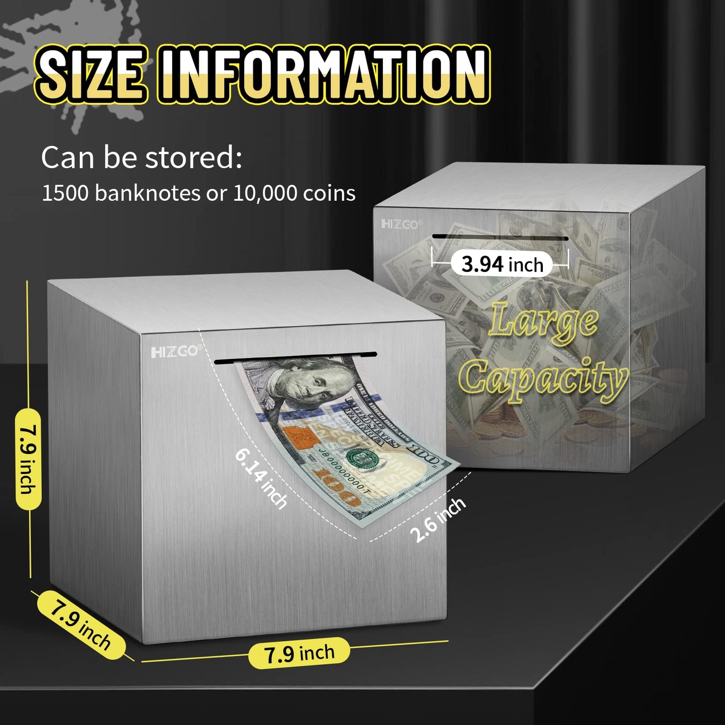 hizgo Piggy Bank for Adults Stainless Steel Savings Bank to Help Budget and Save Must Break to Access Money(7.9 inch)