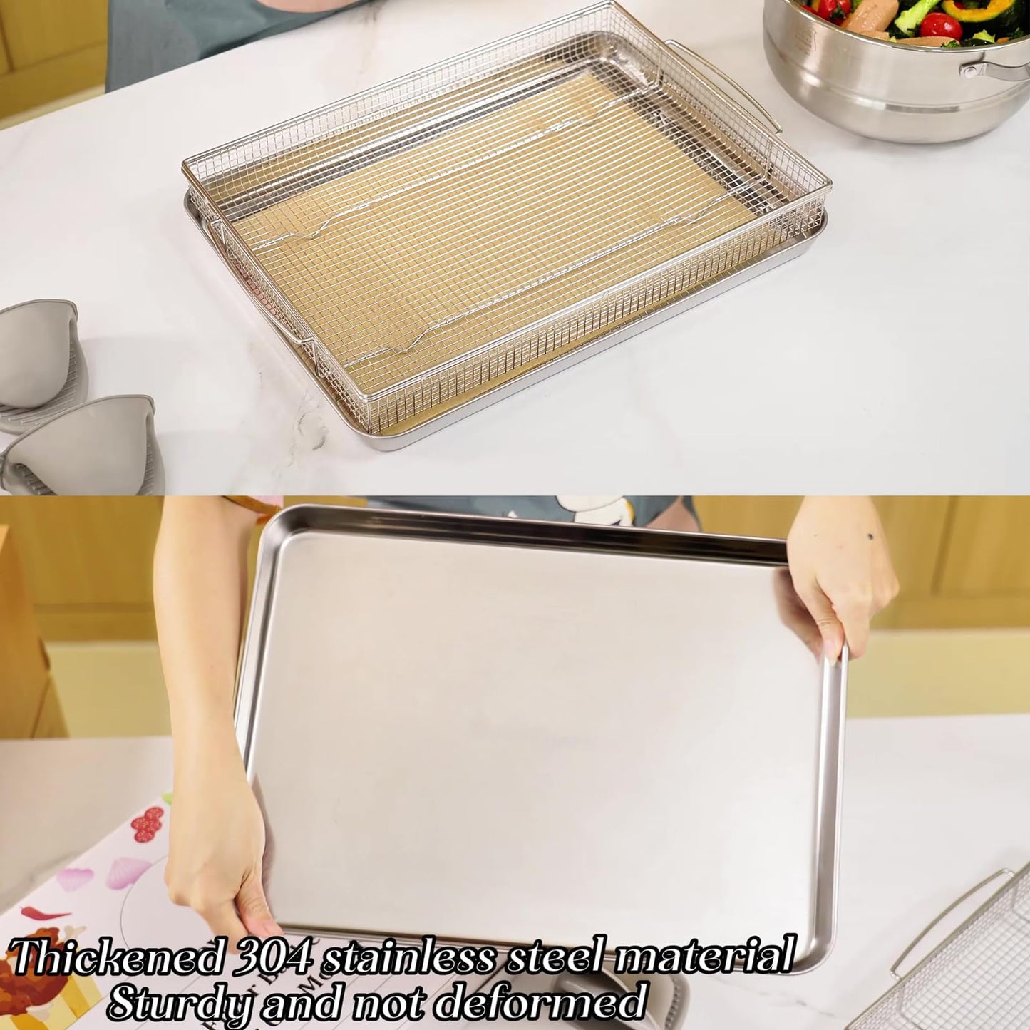 Air Fryer Basket for Oven Accessories Kitchen Dishwasher Safe Easy To Clean Use Healthy Silver Square Non Stick Pan Sturdy Extra Thick Wire Baking Rack Bacon Stainless Steel Tray Cooking 360° Airflow