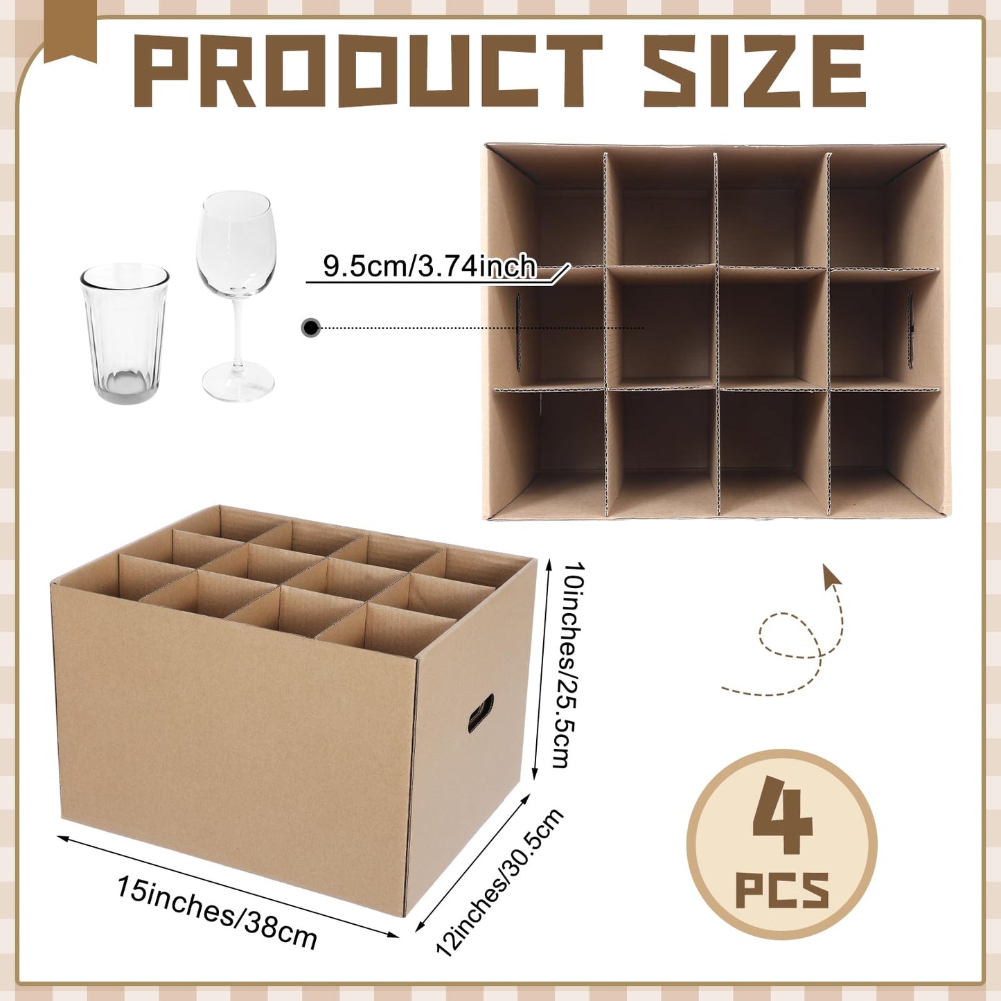 Feifeiya 4 Pack Wine Glass Moving Boxes Kitchen Moving Boxes with Handle Kitchen Kit with Lid for Dish Glassware(Brown,15 x 12 x 10 Inches)