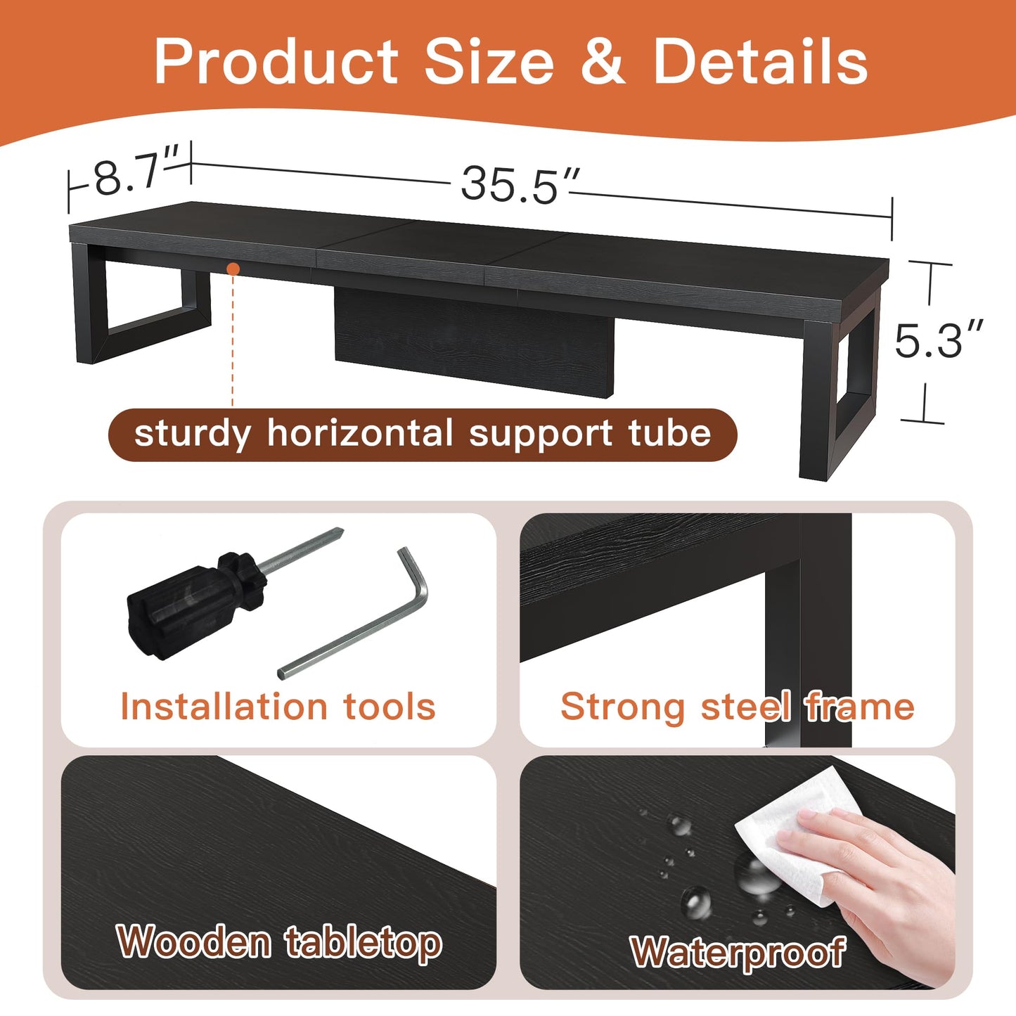 HEWORLIF Dual Monitor Stand Riser, Wood and Steel Monitor Stand for Desk, Multi-Purpose Desk Shelf Organizer for Computer, Laptop, Printer, TV, Black