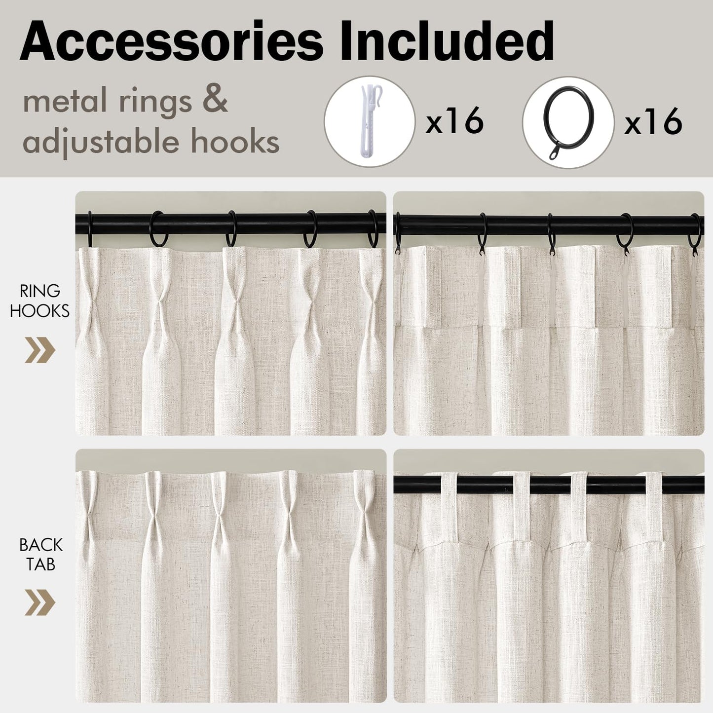 MIULEE Pinch Pleated Thick Linen Curtains 96 Inches Long 2 Panels for Living Room Bedroom, Memory Trained Pleat Drapes Light Filtering Natural Birch Semi Sheer Window Curtains Hooks Rings Back Tab