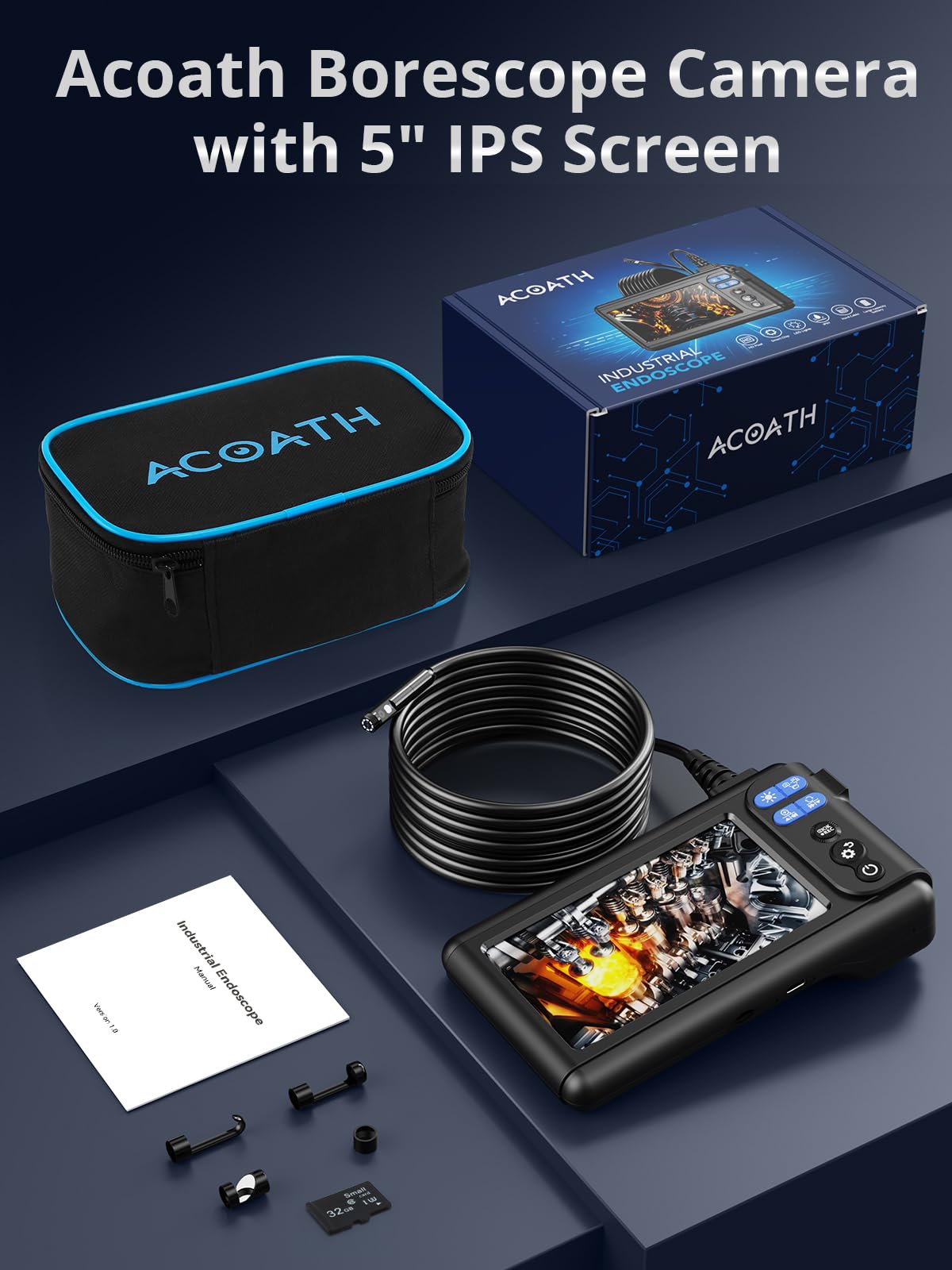 Acoath Borescope Endoscope Camera with Light, Dual-Lens 1080P HD Industrial Inspection Camera with 8 LED Lights, 16.5Ft Semi-Rigid Snake Cable, 5" IPS Screen, 32GB Card, IP67 Waterproof Sewer Tools