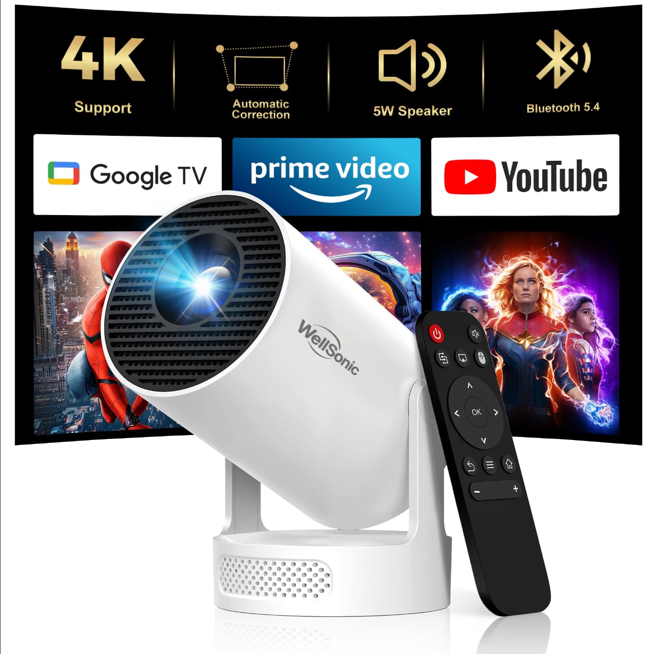 WellSonic Mini Projector with Wifi and Bluetooth, 4K Portable Projector with 5W Speaker, Auto Vertical Keystone&180 Rotatable, 200Ansi Moive Proyector for Outdoor Bedroom